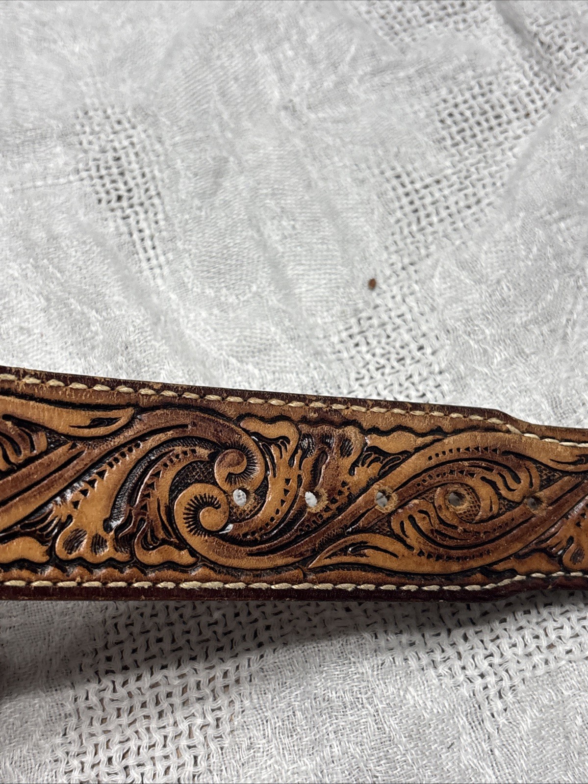 Tiger Eye Brass Tone Brown Belt Men Ladies Leather Embossing Western Cowboy