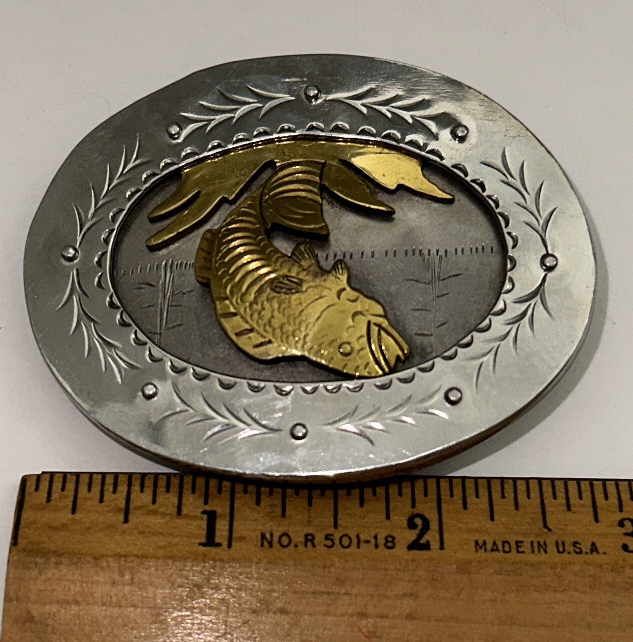 Framed Fish Handmade Stamped & Riveted Belt Buckle with Makers Mark on Back EUC