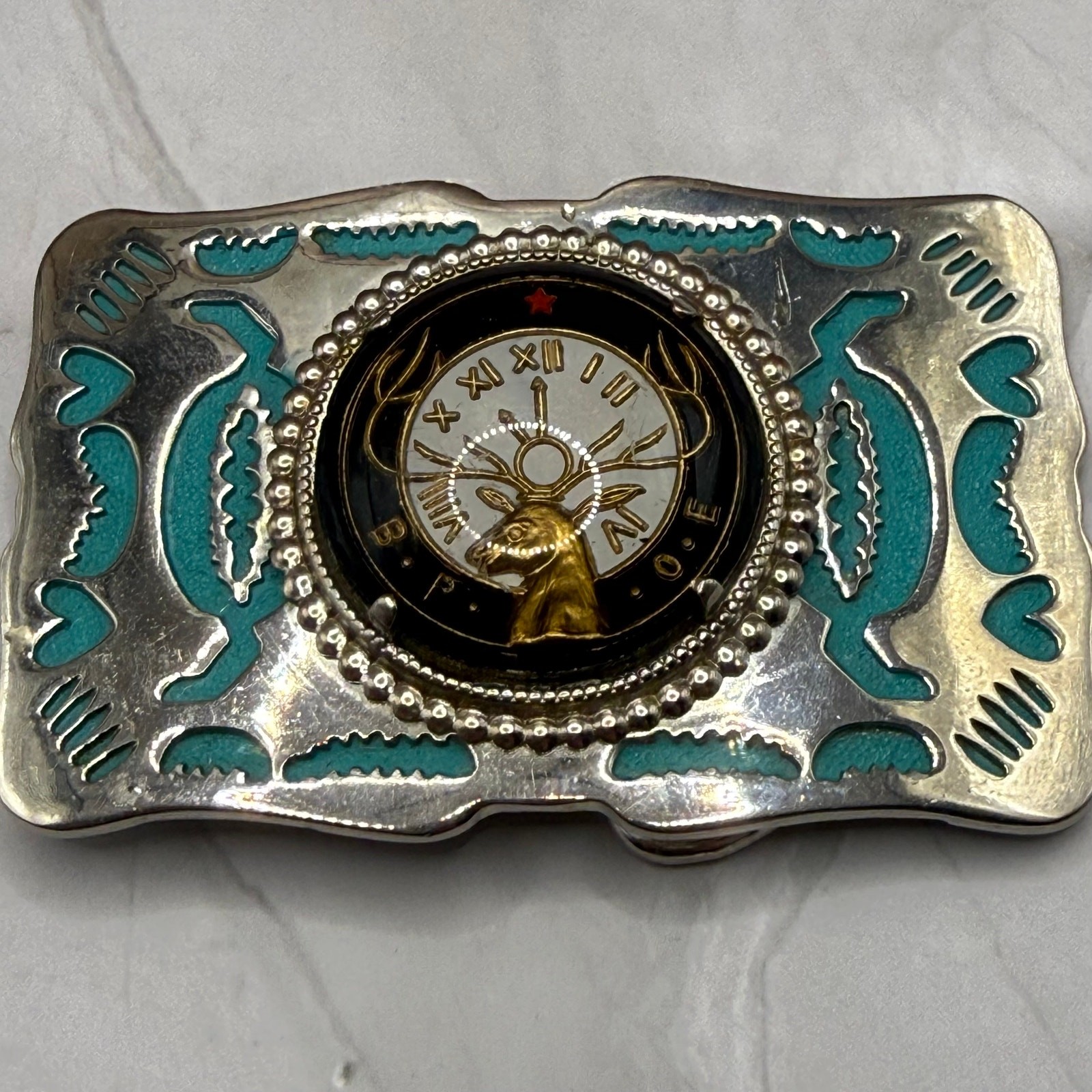 Vintage 1970s BPOE Elks Lodge Turquoise Inlay Western Belt Buckle