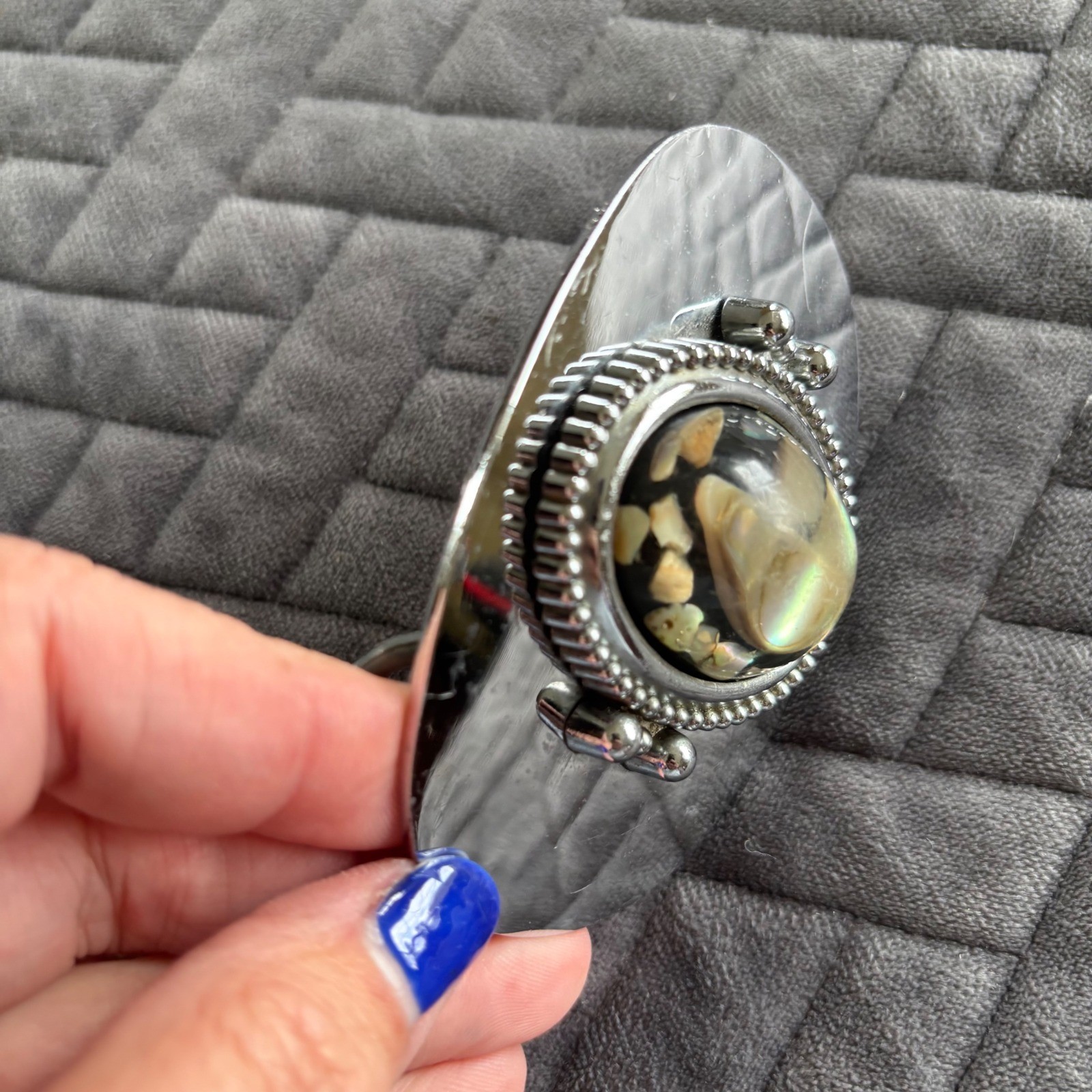 Vintage Silver Tone Abalone Shell Inlay Oval Belt Buckle Western Boho Iridescent