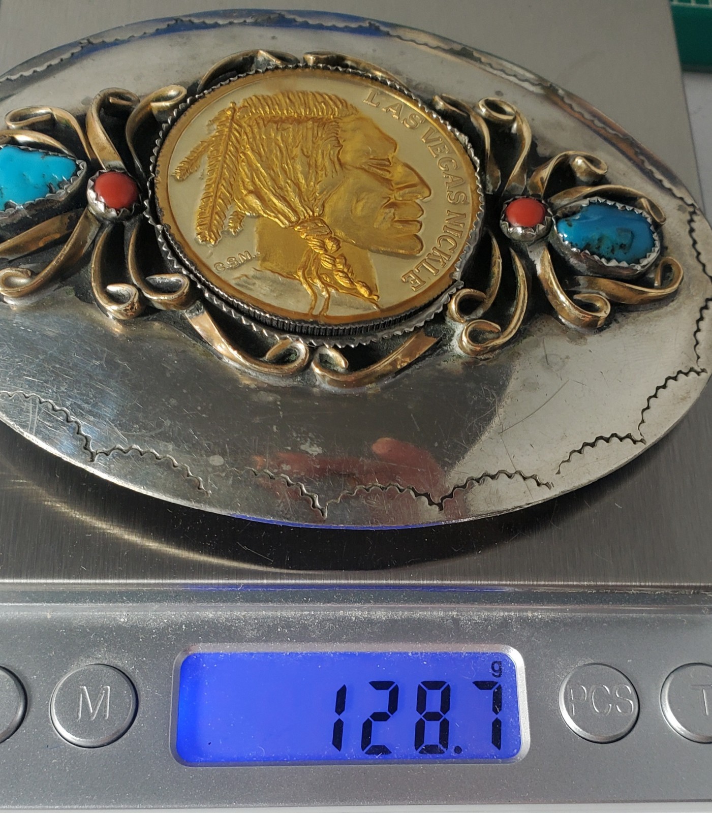 Vintage Western Turquoise & Coral W 1 OZT Buffalo Round Silver Belt Buckle Lot