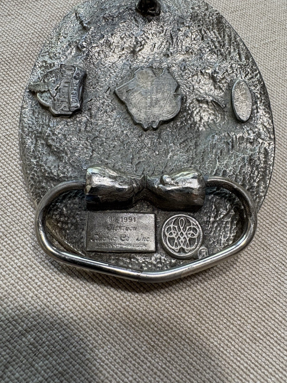 1991 Vintage Pewter Belt Buckle Carpenter Woodwork Saw Blade Pattern