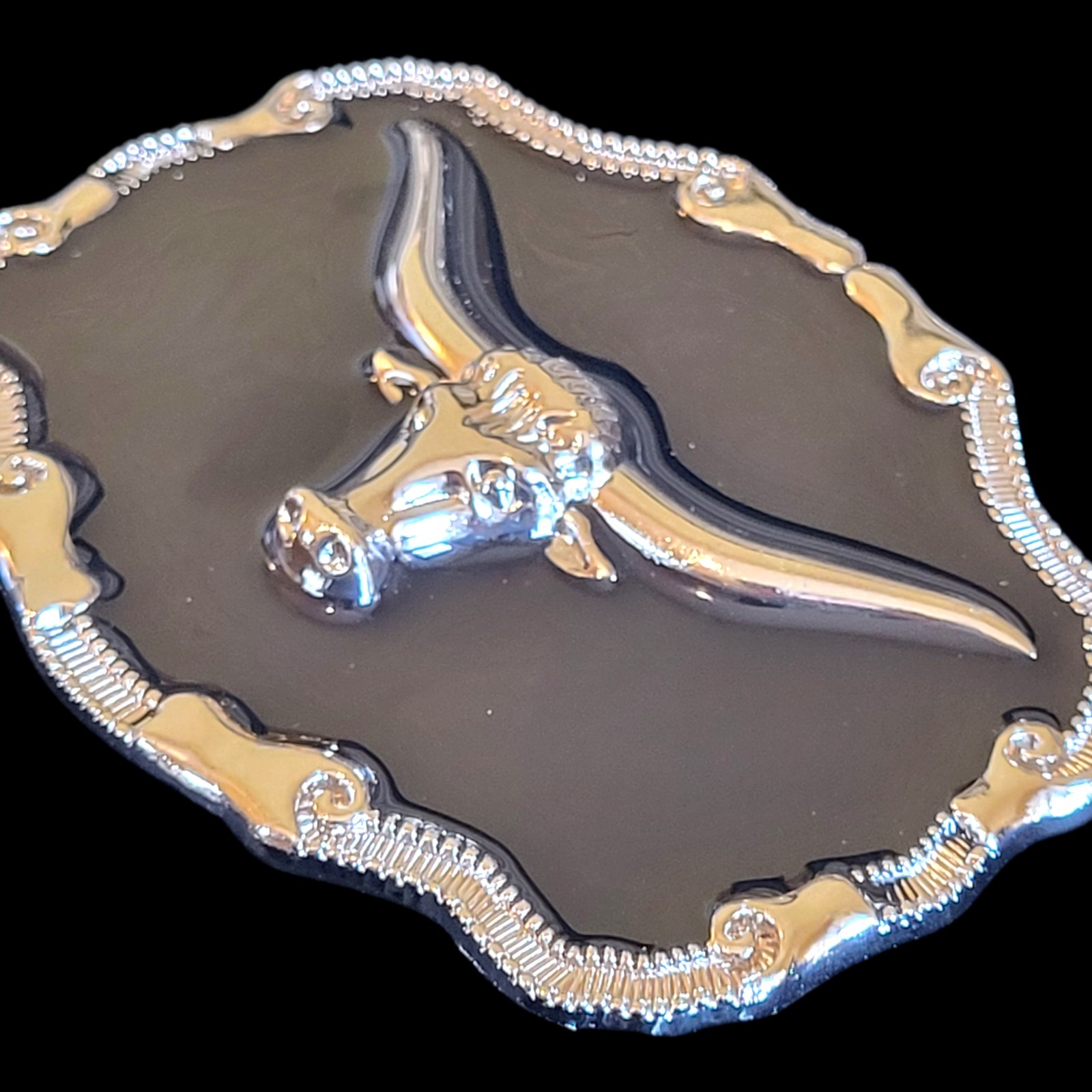 Texas Longhorn Belt Buckle Metal & Black Enamel Biker Western Cowboy