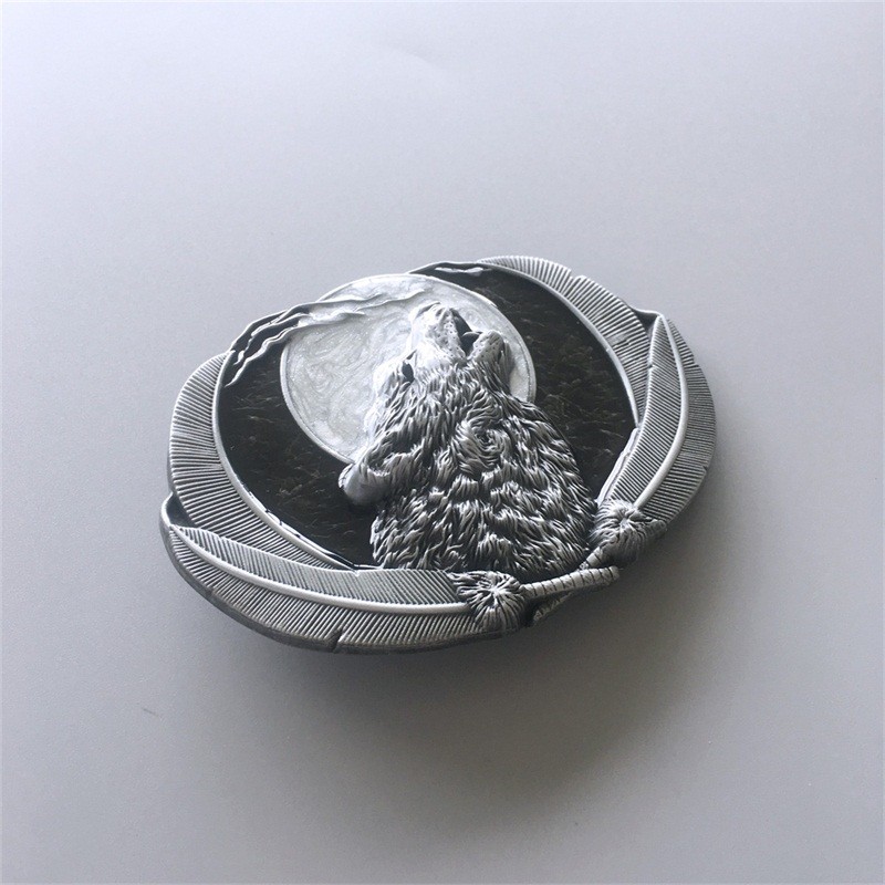 Enamel Animal Moon Wildlife Shout Wolf Oval Western Belt Buckle