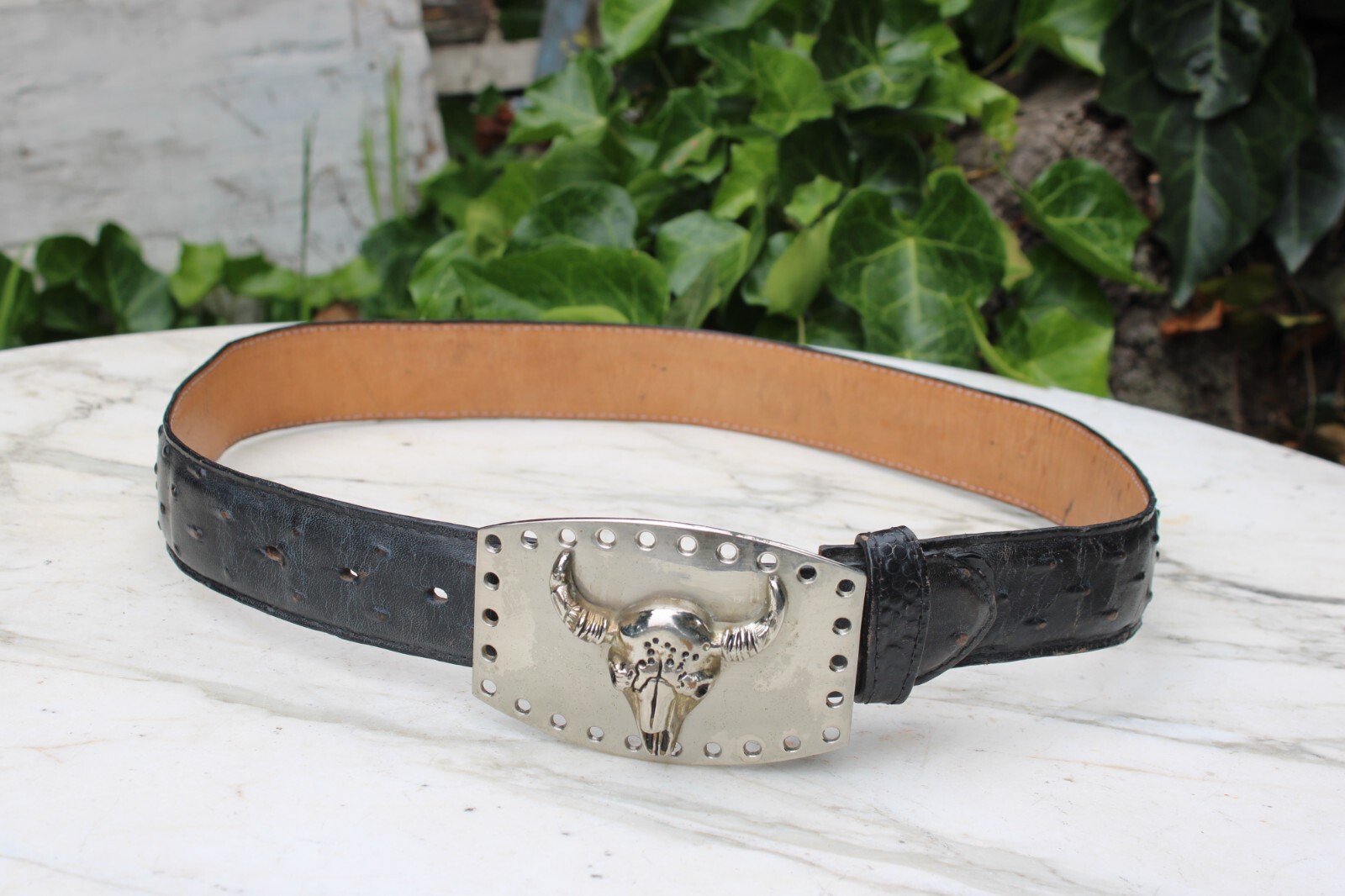 Silver Toned Metal Bull Steer Cow Head Face Belt Buckle & Leather Belt