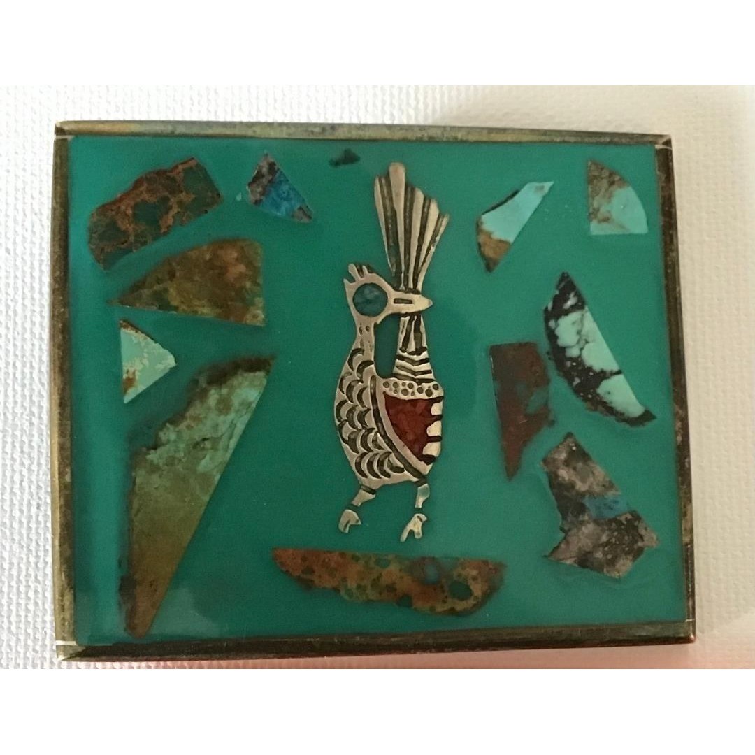 Vintage Solid Brass Roadrunner Turquoise Chip Inlay Southwest Belt Buckle Cowboy