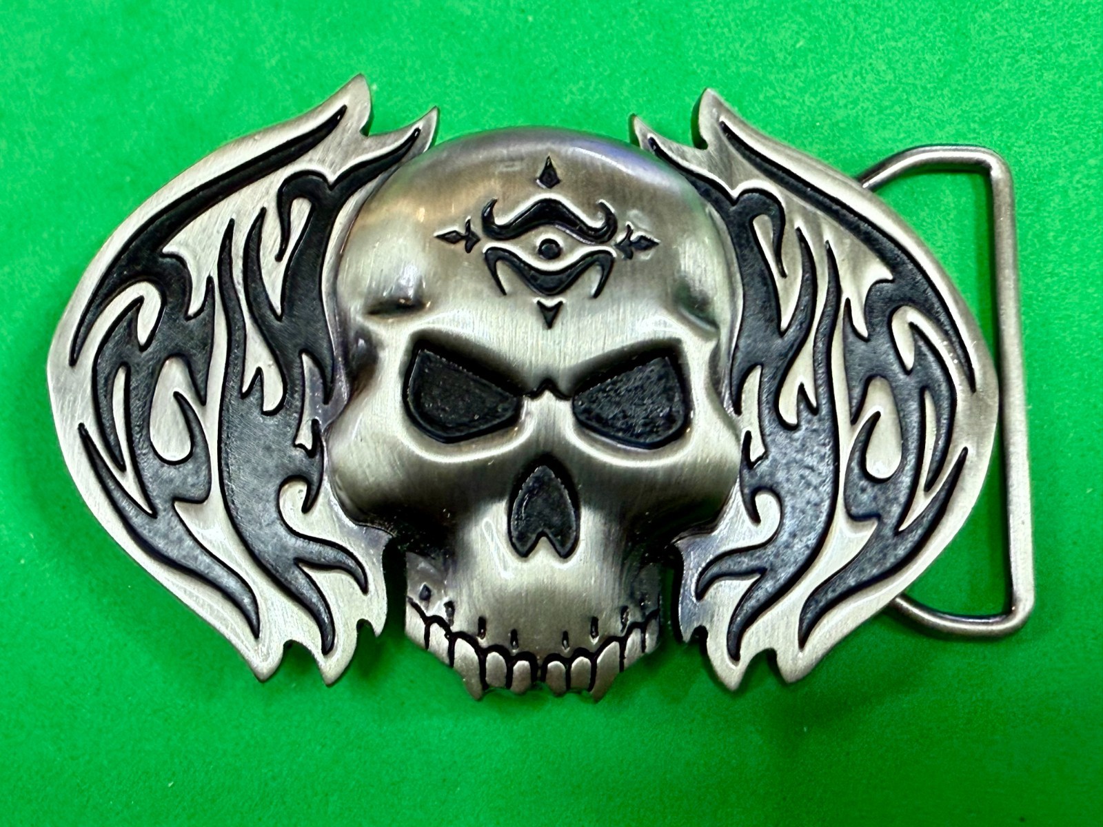 Skull with Flames Cutout Silver & Black Color Silver Moon Creations Belt Buckle