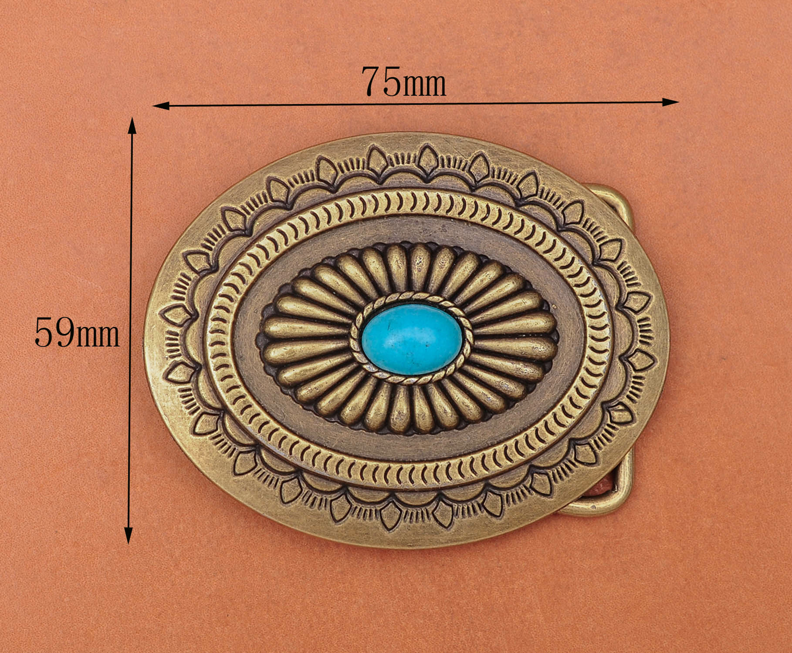 Vintage Brass Southeast Beauty Flower Carved Turquoise Leather Belt Buckle Huge