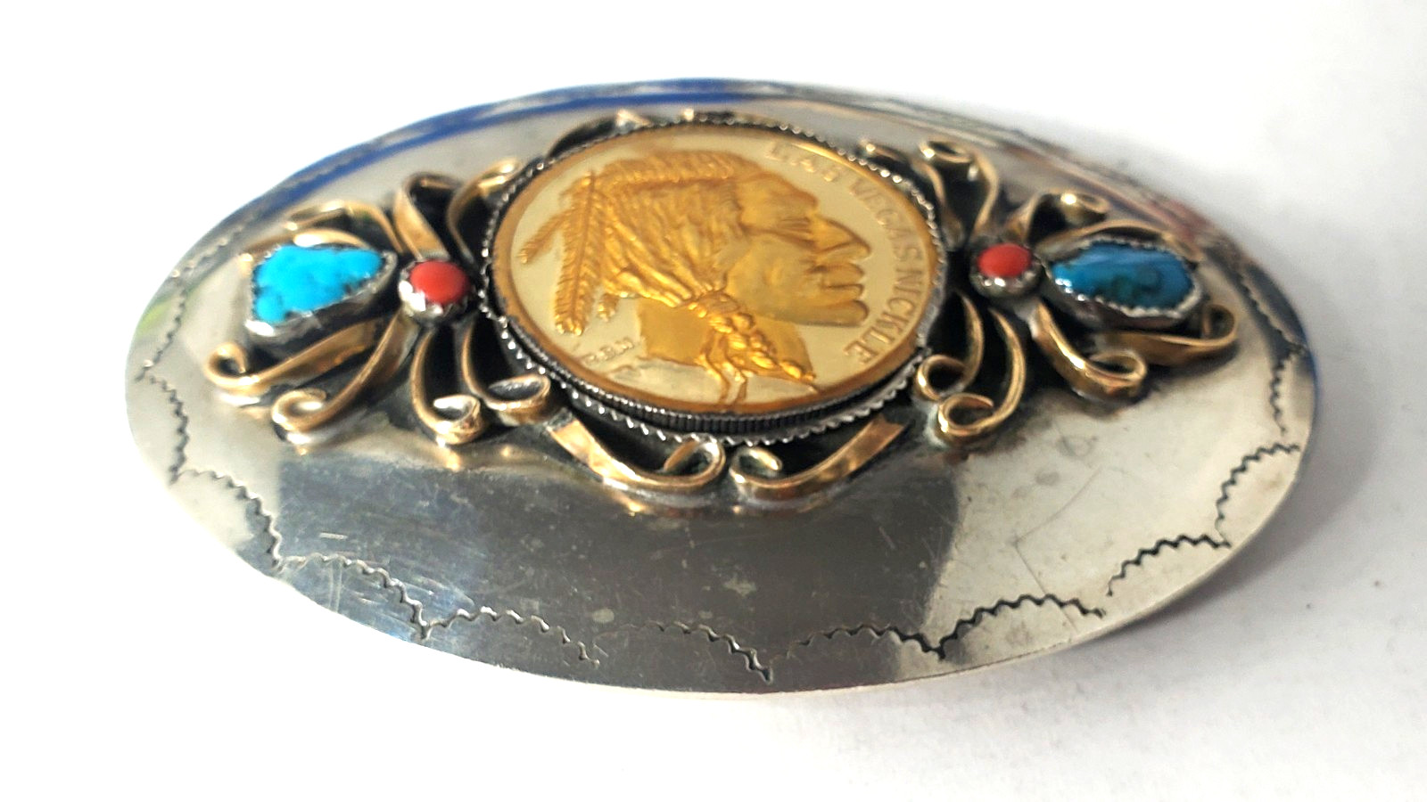 Vintage Western Turquoise & Coral W 1 OZT Buffalo Round Silver Belt Buckle Lot