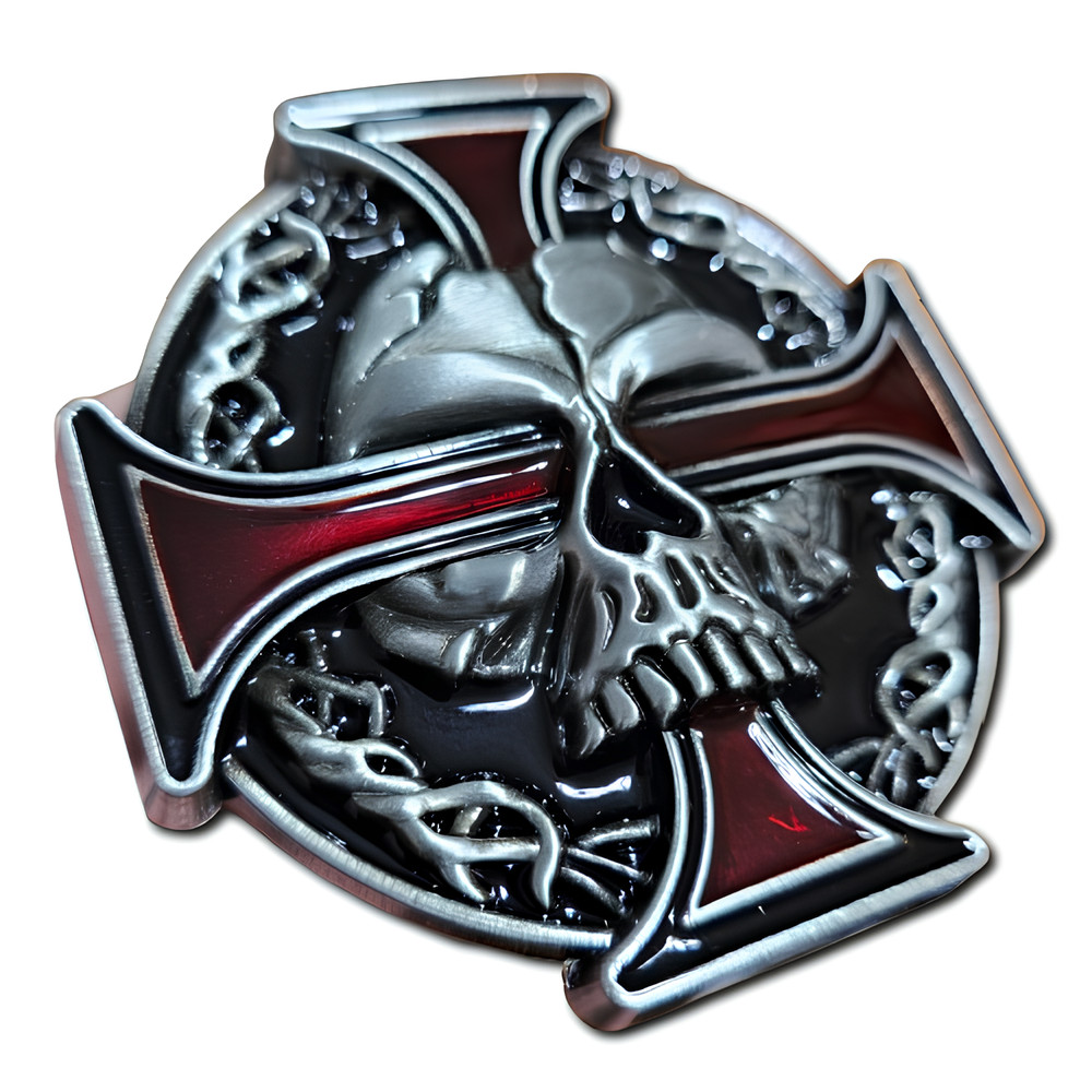 Belt Buckle Skull Cross Red Enamel Gothic Biker Style 80mm Silver Iron Cross