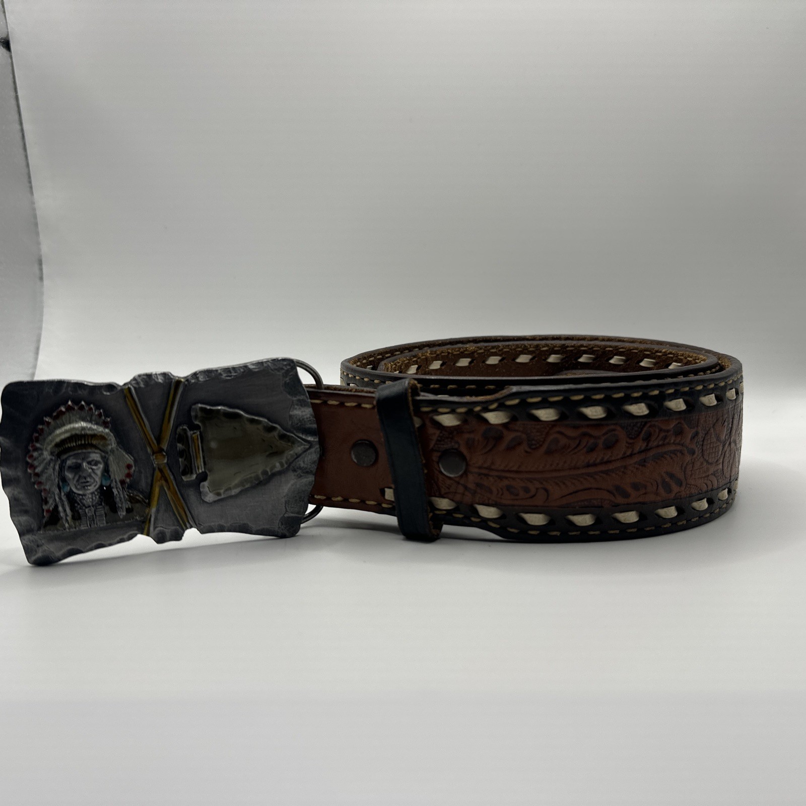 Arroyo 91 Grand Belt Buckle Native American Tooled Leather Belt 39 Inch