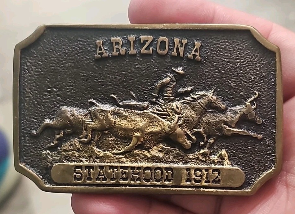 Vintage Brass Belt BUCKLE ARIZONA Statehood 1912 3.25&Prime;x2&Prime;