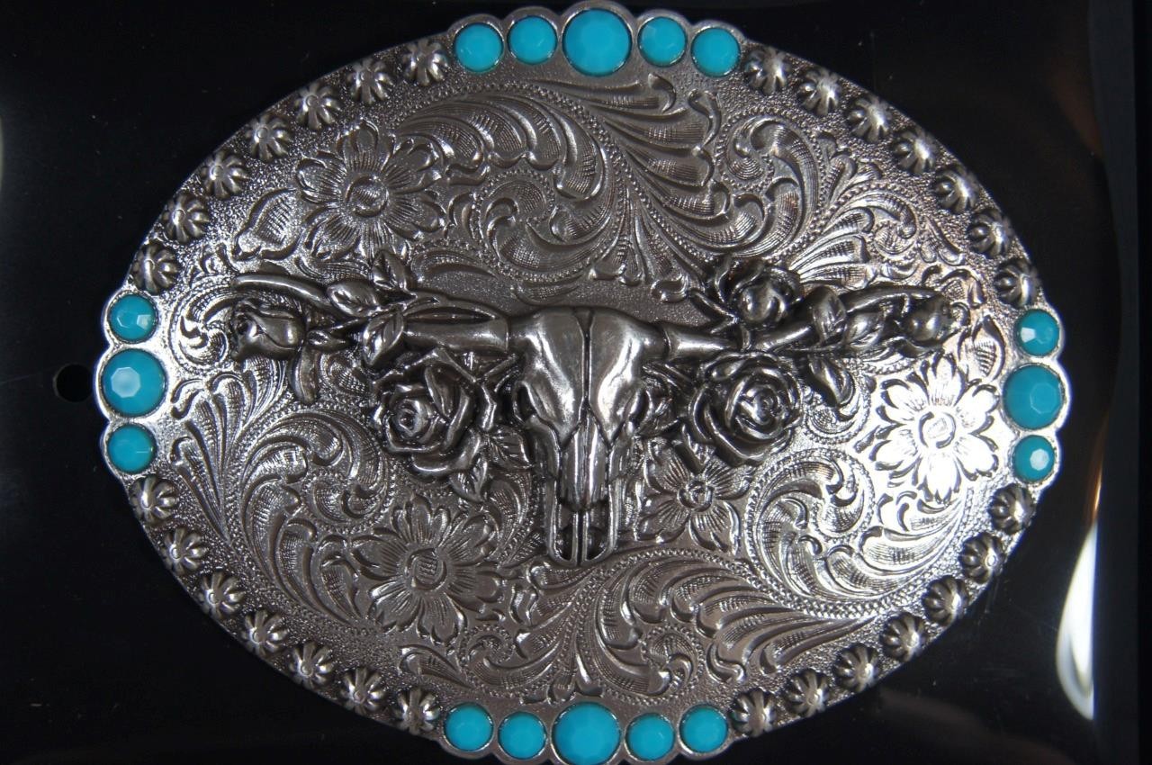 Blazin Roxx Western Oval Longhorn Roses Buckle Silver belt buckle 37959