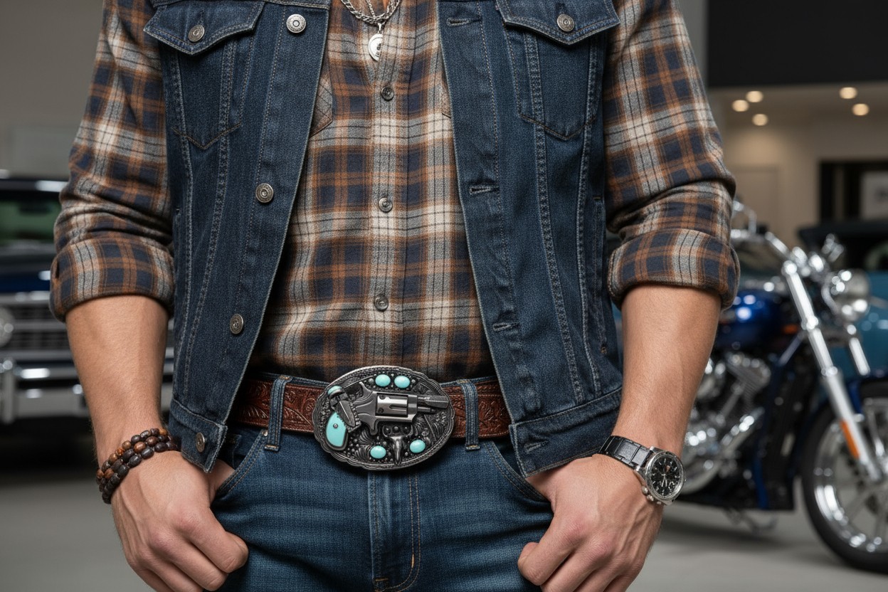 Men Western Buckle Dark Silver Color Metal Revolver Gun Feather Bull Turquoise