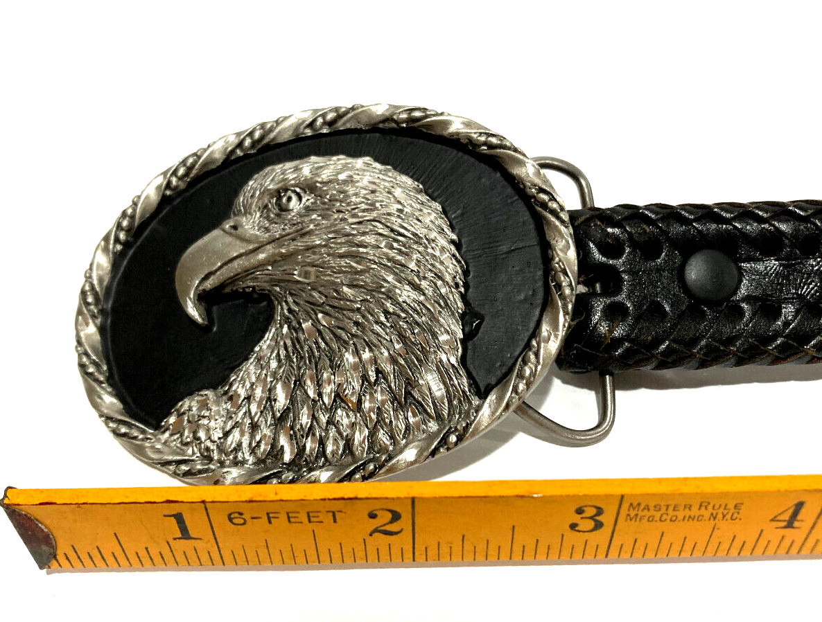 1992 Colorado Silver Star Eagle Head Buckle with Black Leather Belt Size 38 USA