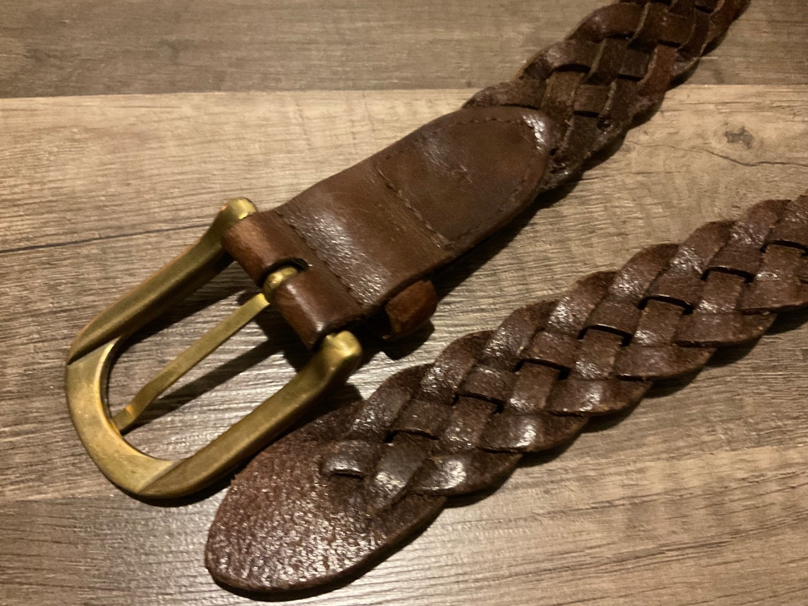 VTG TOMMY HILFIGER PREPPY LEATHER BRAIDED SOLID BRASS BELT ( MENS 42 ) BROWN