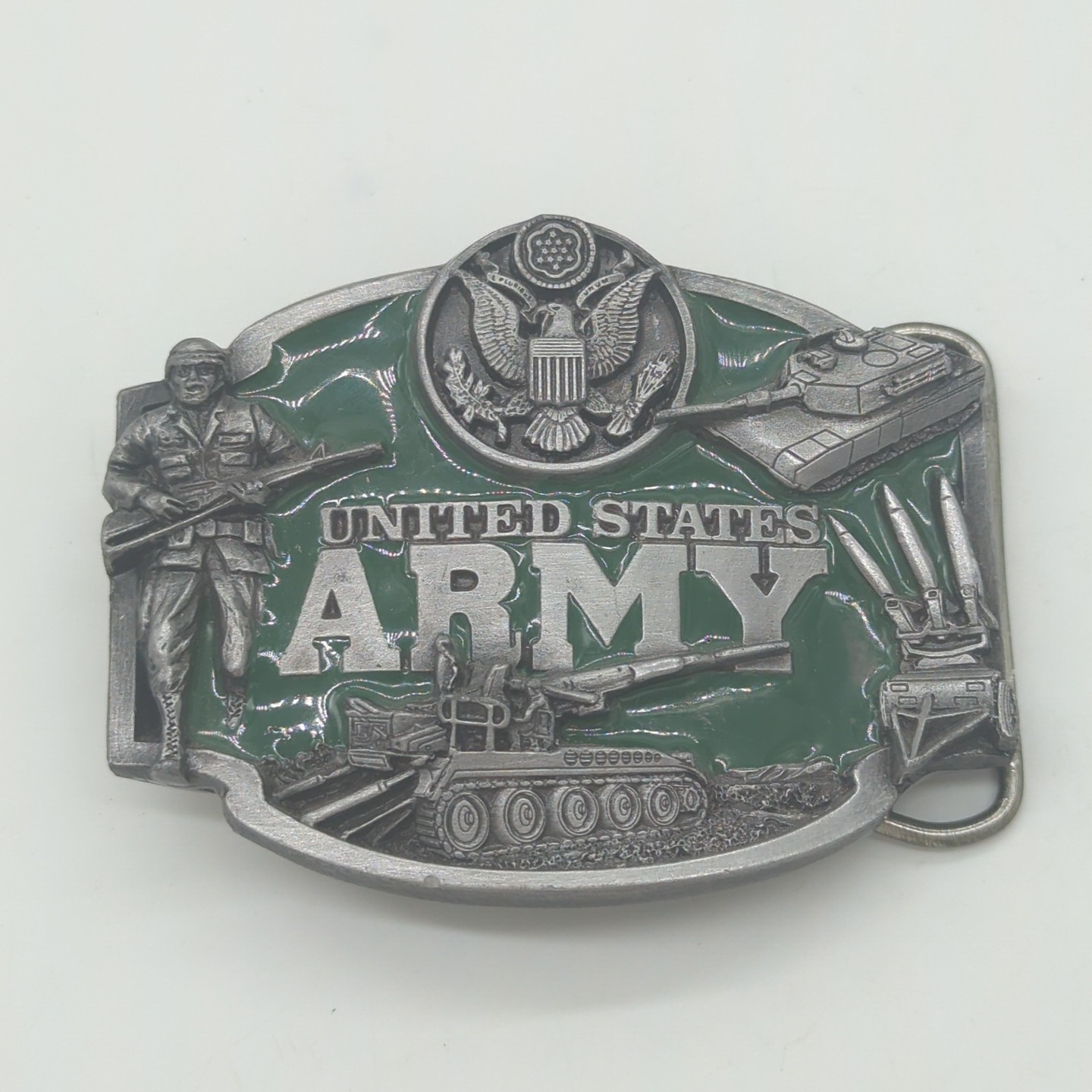 Vintage 1987 US Army Siskiyou J-50 Heavy 80s Belt Buckle Green Accent Tanks