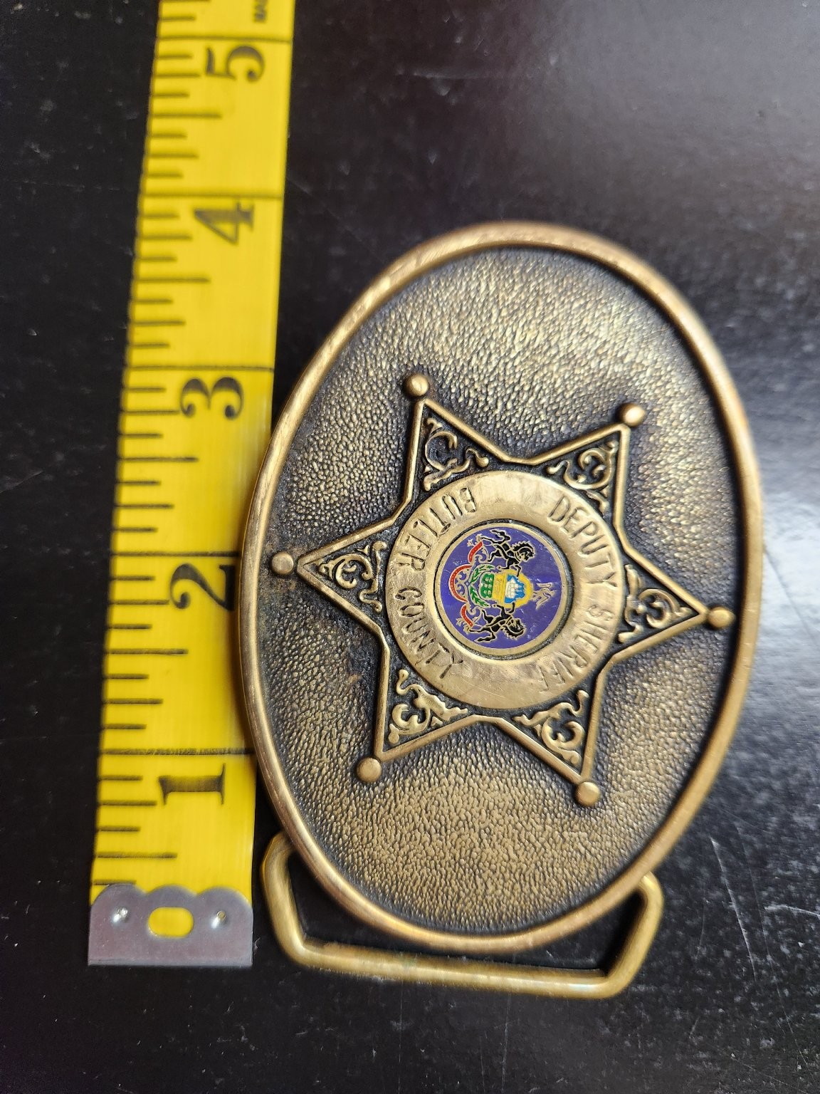 JTBW Industries Belt Buckle Antique Brass 3.5&Prime; Sheriff Star Solid Brass Enamel