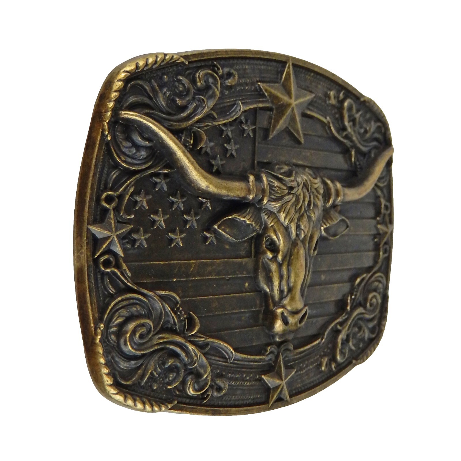 American Flag Longhorn Steer Star Belt Buckle Antique Bronze Fits 1.5 inch Belts