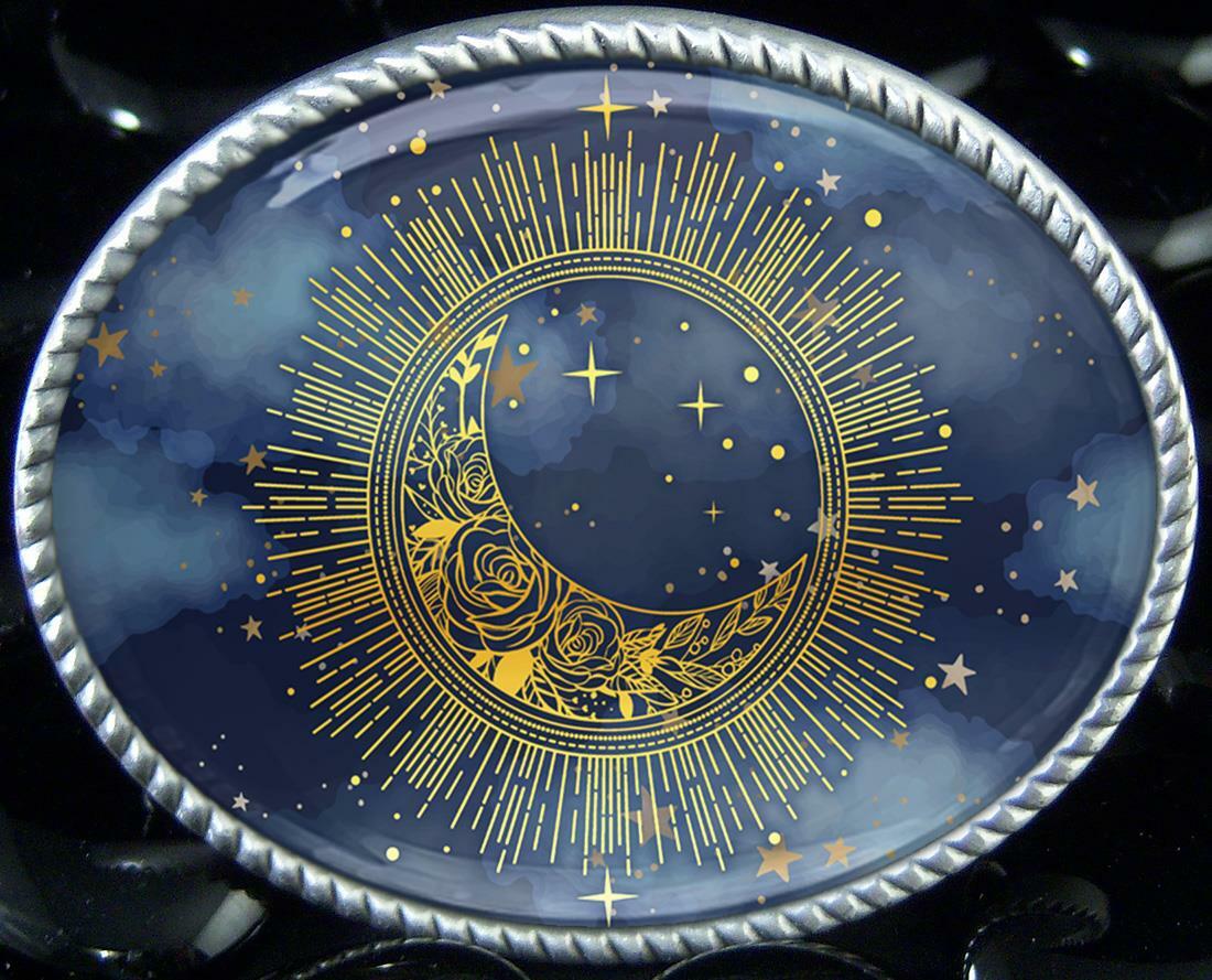 Starry Sky Belt Buckle – Celestial Sun & Moon Handmade Silver Buckle – 12-2