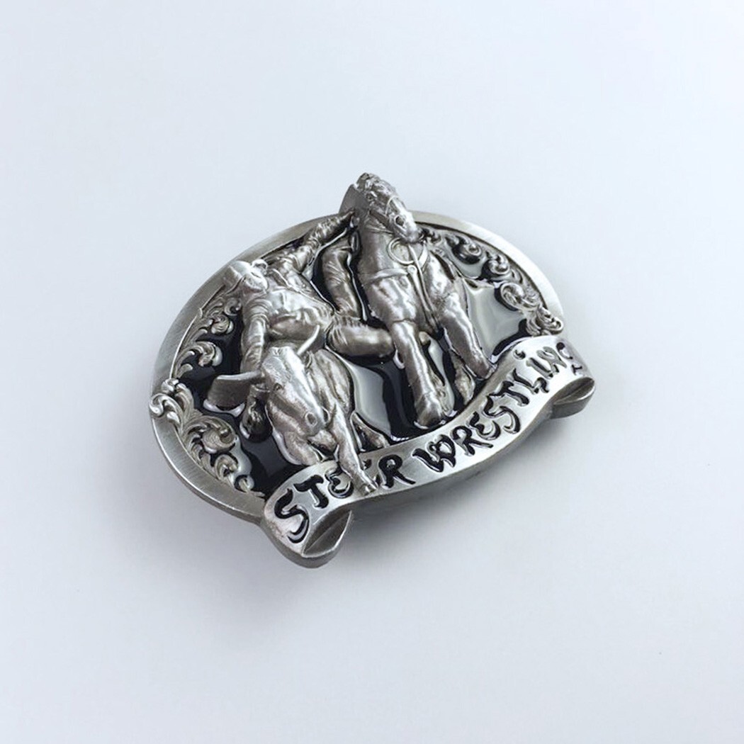 Black Enamel Rodeo Steer Wrestling Western Belt Buckle Boucle de Ceinture