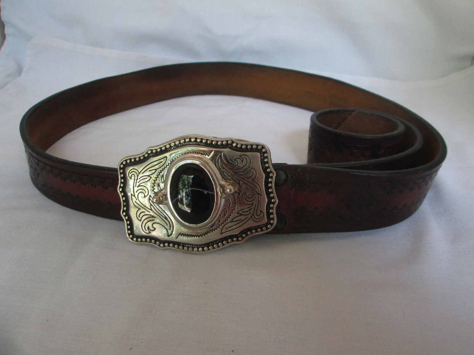 Black Agate Cabochon Stone Buckle & Belt Silver Tone W/ Scroll Accents Size 42