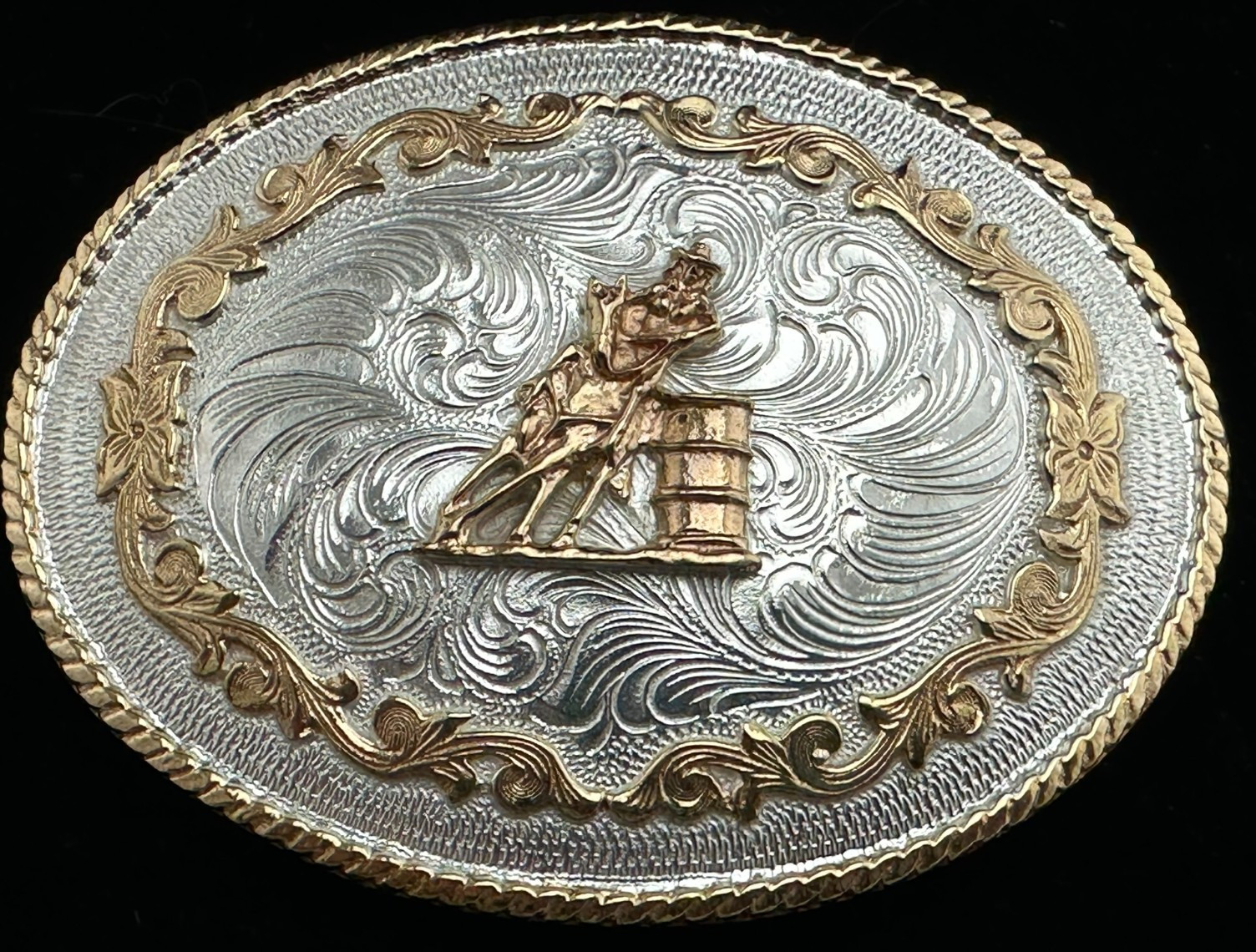 Western Belt Buckle, Crumrine Classic, Silver, Gold Rope Edge, Barrel Racer