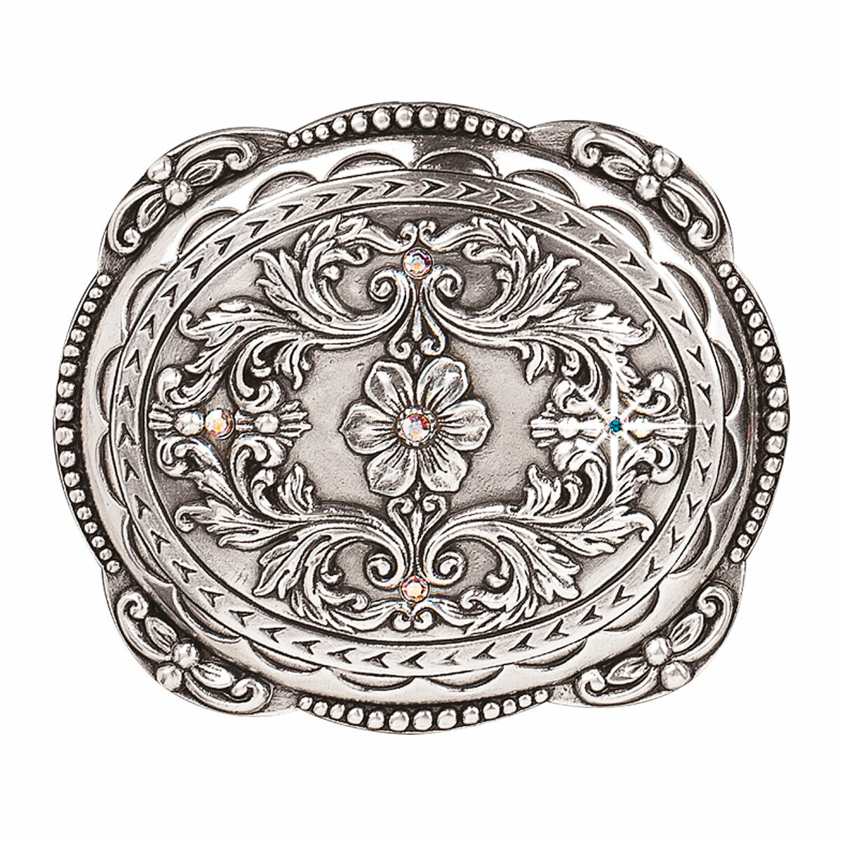 Nocona Silver Tone Oval Floral Design with Rhinestones Buckle 37538