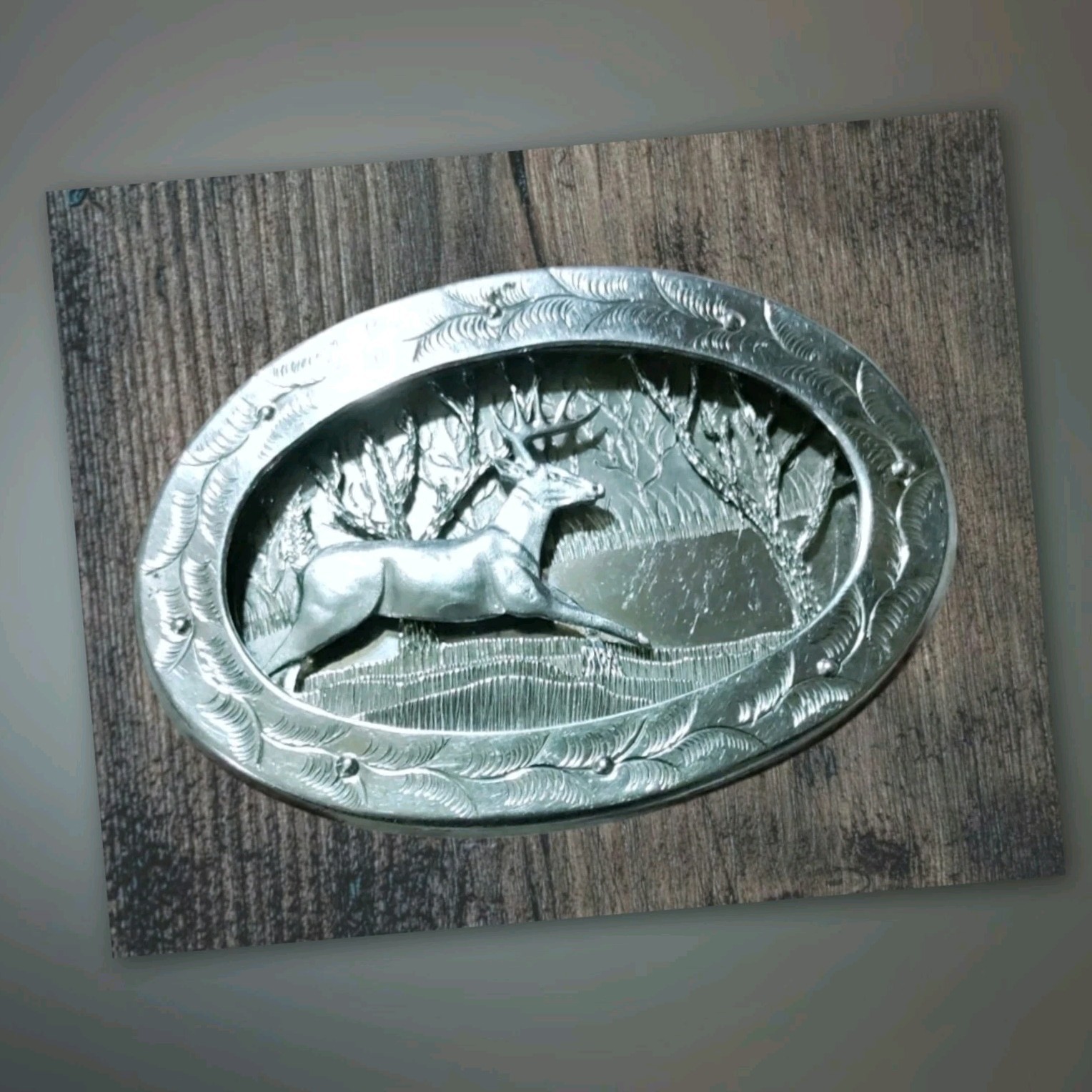 Vintage Heavy Duty All-Stainless Steel Deer Belt Buckle Wildlife Shadowbox 3D