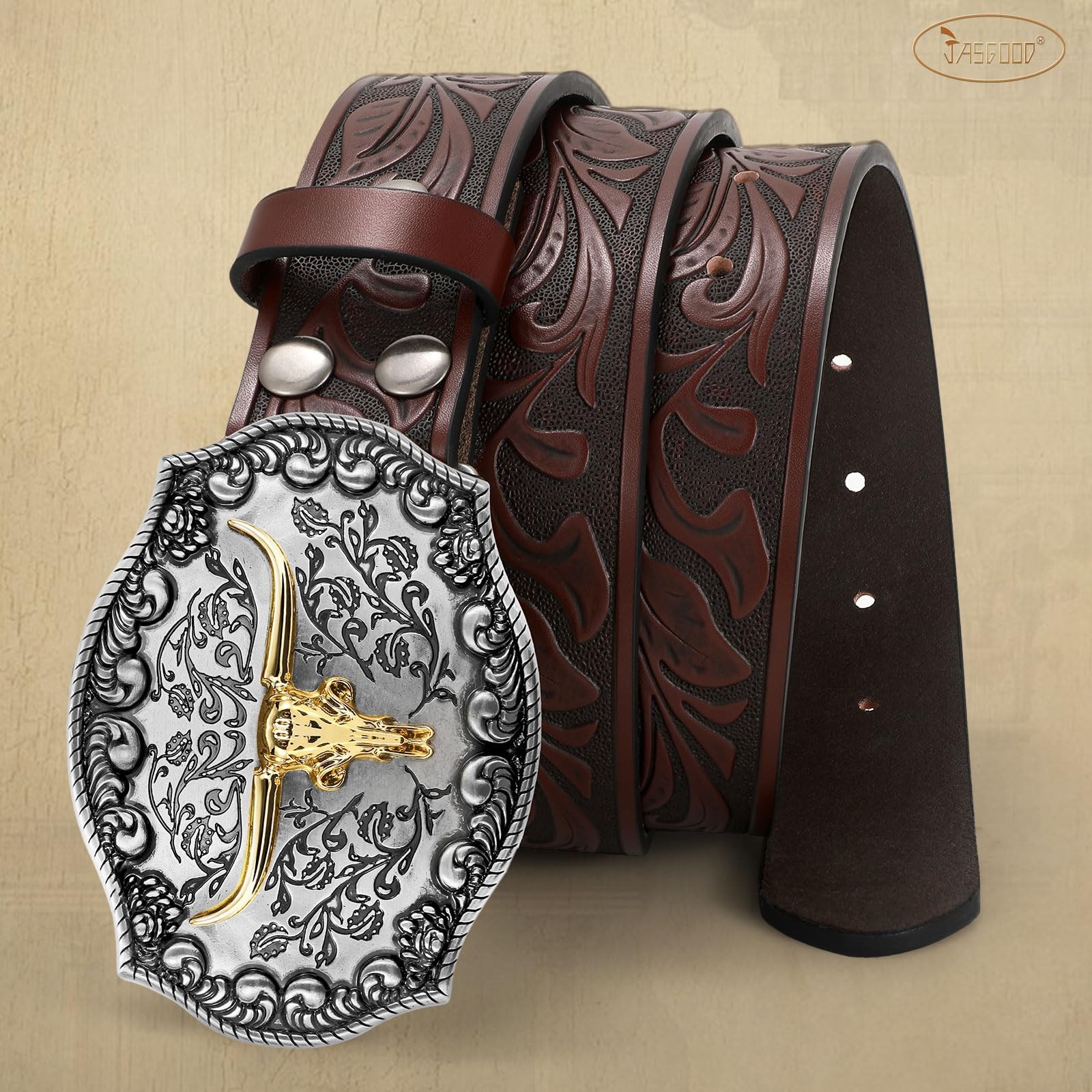 JASGOOD Men&rsquo;s Western Leather Belt, Cowboy Fit Waist Size 34 »-38 », Coffee