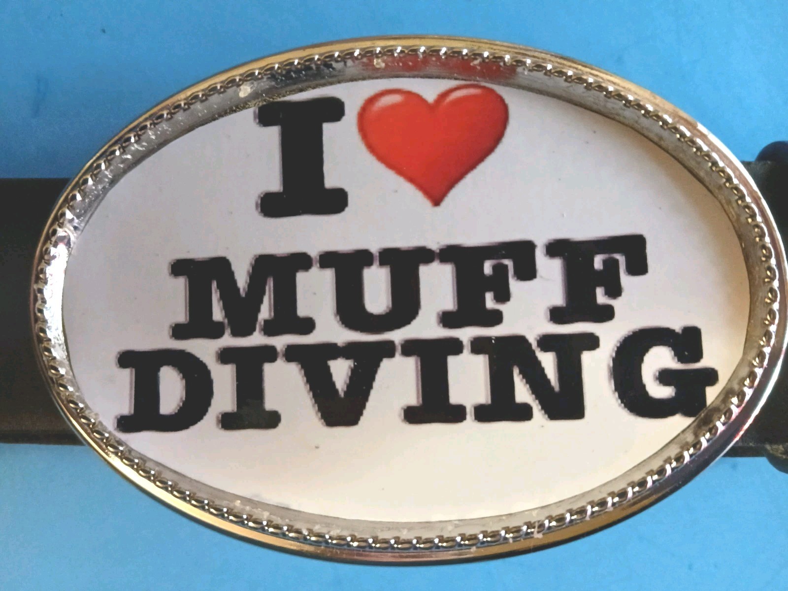 I LOVE ❤️ MUFF DIVING Epoxy PHOTO BUCKLE & Black Belt. New