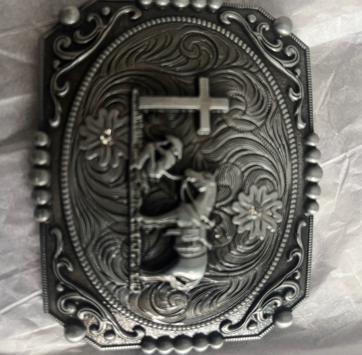 Western Floral Belt Buckle Praying Cowboy Kneeling at Cross Antique Silver Tone
