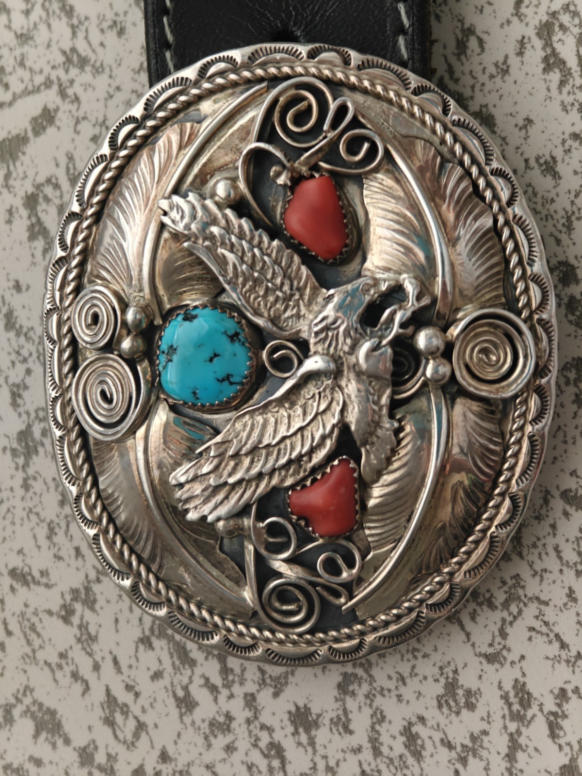 Allen Chee Eagle Sterling Silver Buckle Leather Belt Turquoise 38&Prime; Navajo Dine