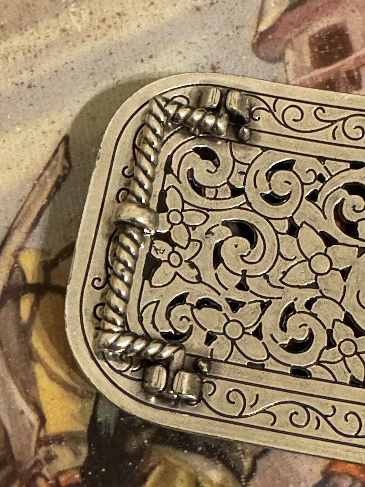 Rhinestone Belt Buckle Rectangle Floral Silver Bling Filigree Accents