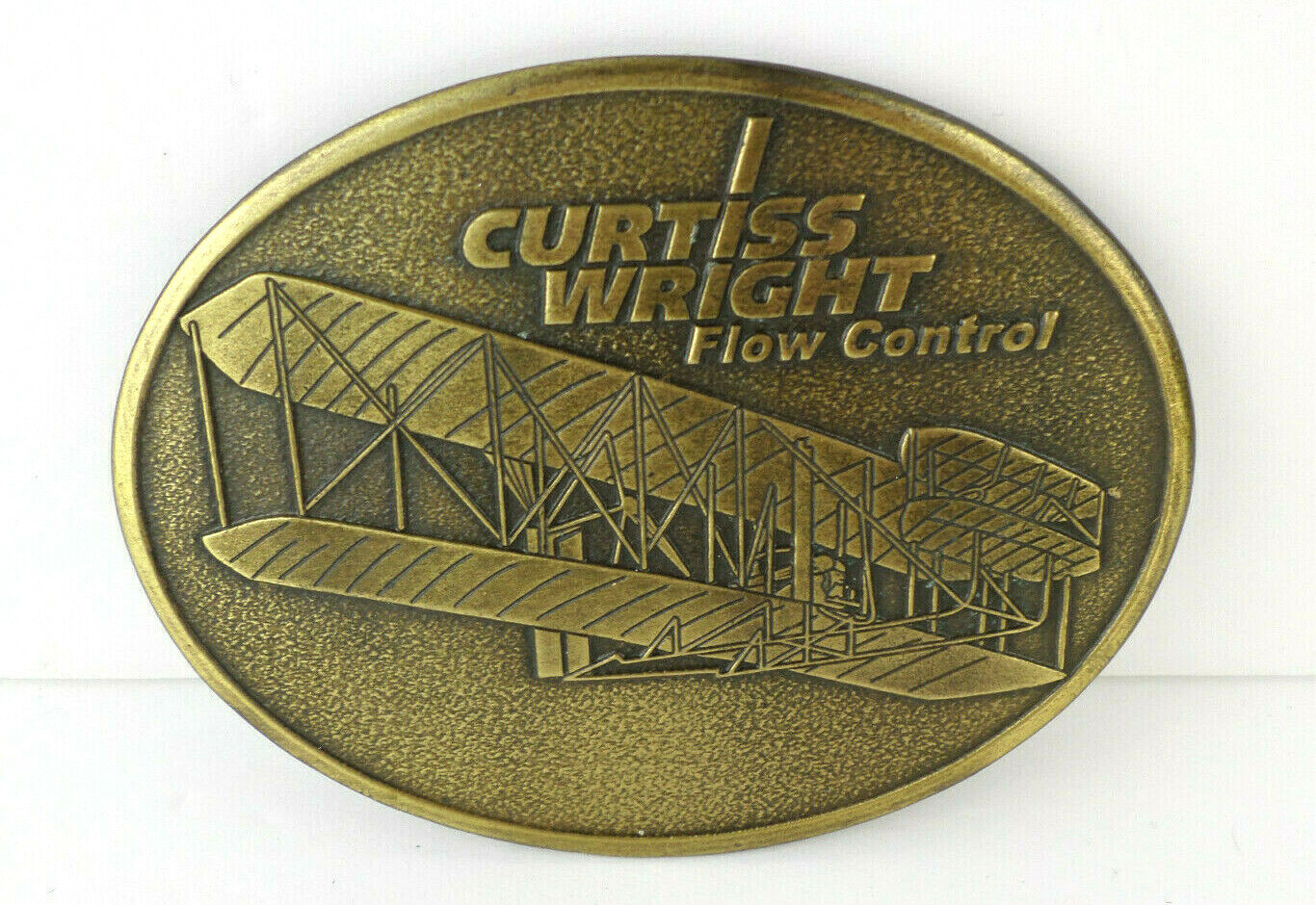 Curtiss Wright Flow Systems Bronze Airplane Belt Buckle Industrial Advertising