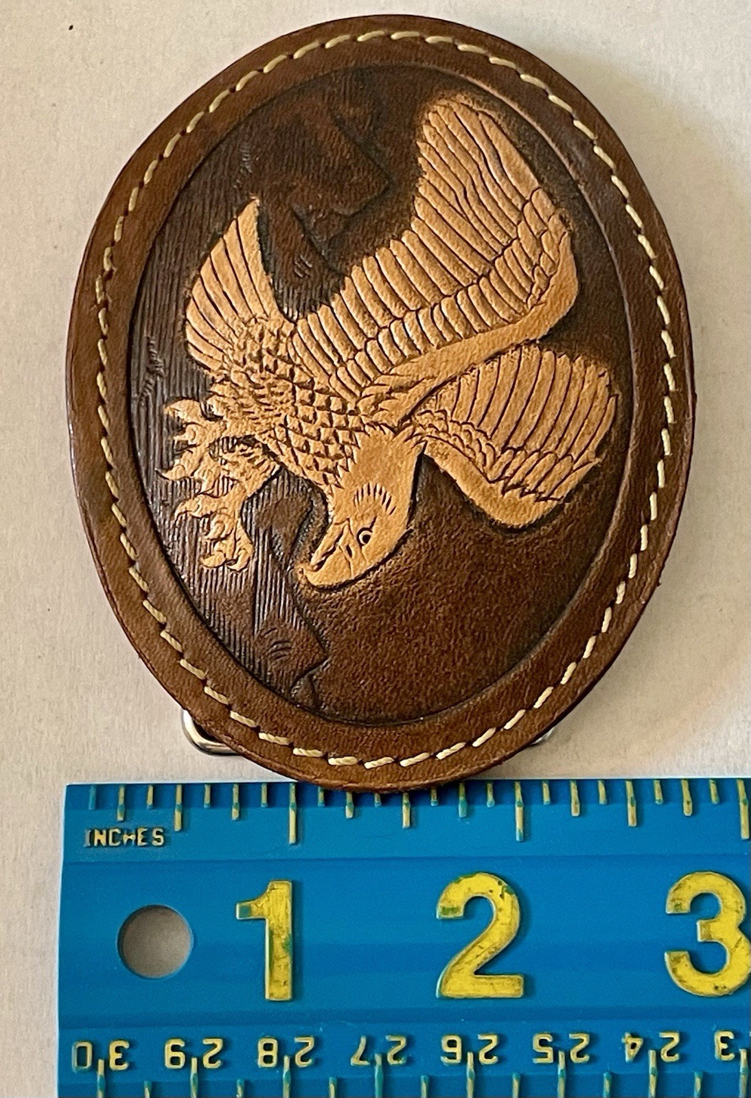 Vintage AMERICAN EAGLE Hand Tooled Leather Belt Buckle Western Cowboy Rodeo 3.5”
