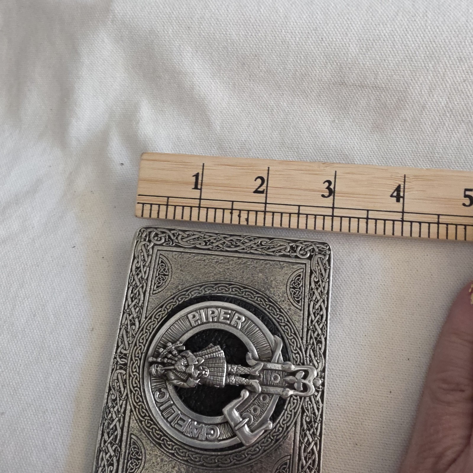 Rectangle Pewter Clan Belt Buckle w/ Pewter Gaelic Piper Crest Pin (Removeable)