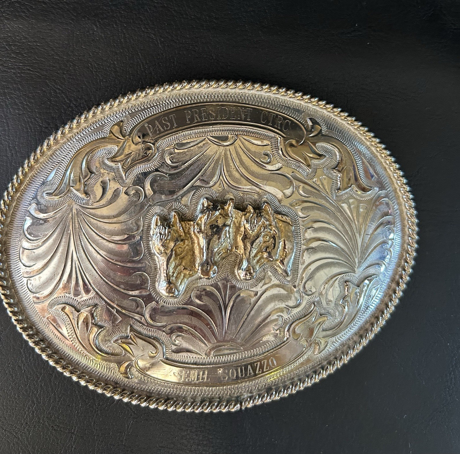 Vintage Alpaca Mexico Belt Buckle Three Horse Heads Western Filigree