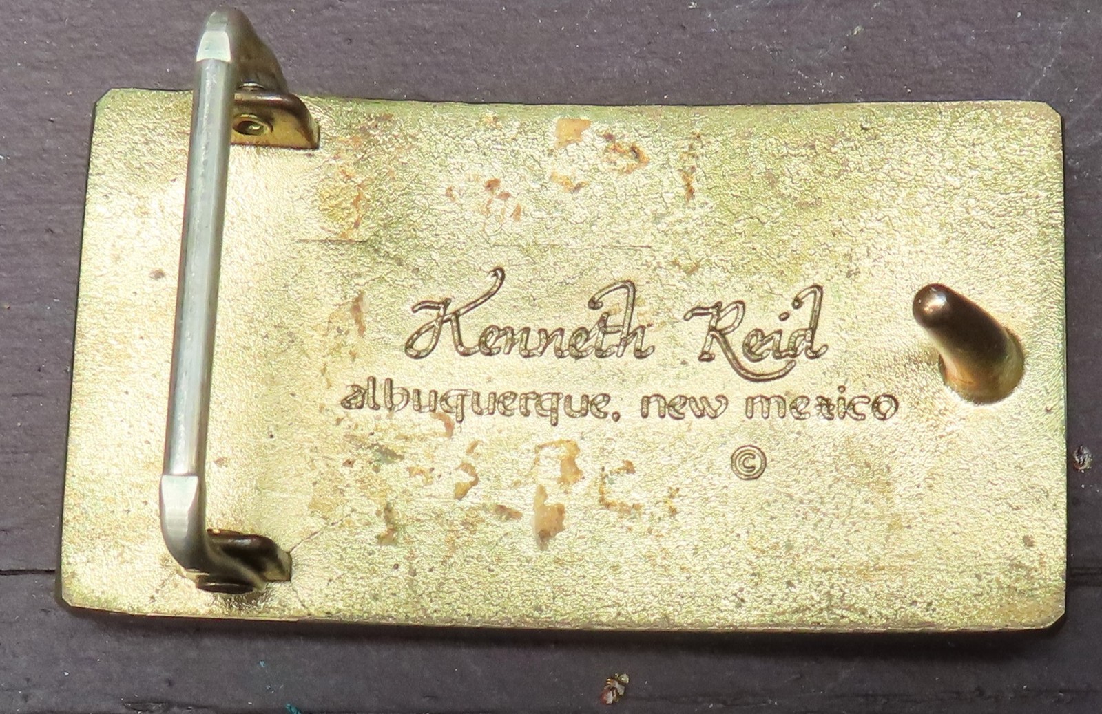 Signed Kenneth Reid Albuquerque NM Wood Turquoise Inlay Belt Buckle Western