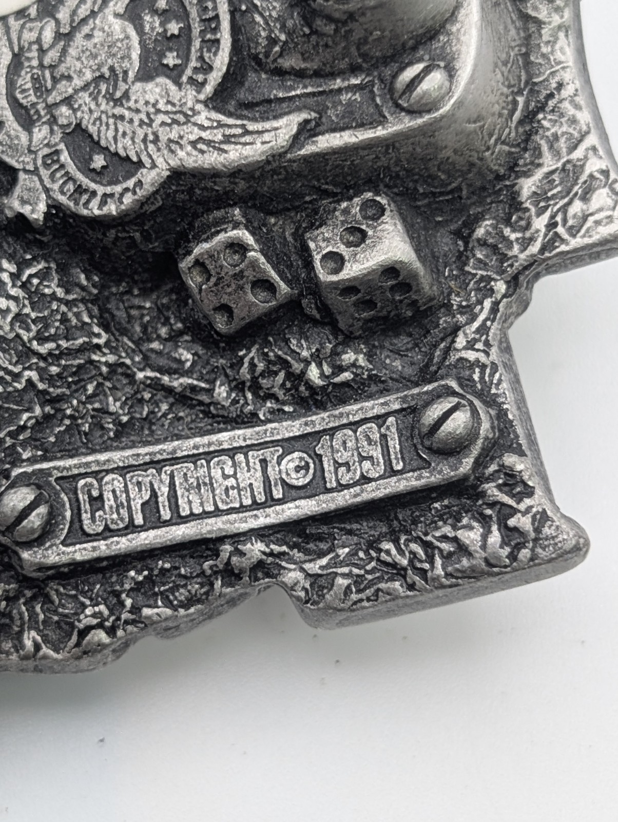 Vintage 1991 Lady Luck Belt Buckle – Dragon Designs Pewter Pin-Up Gambler DD109