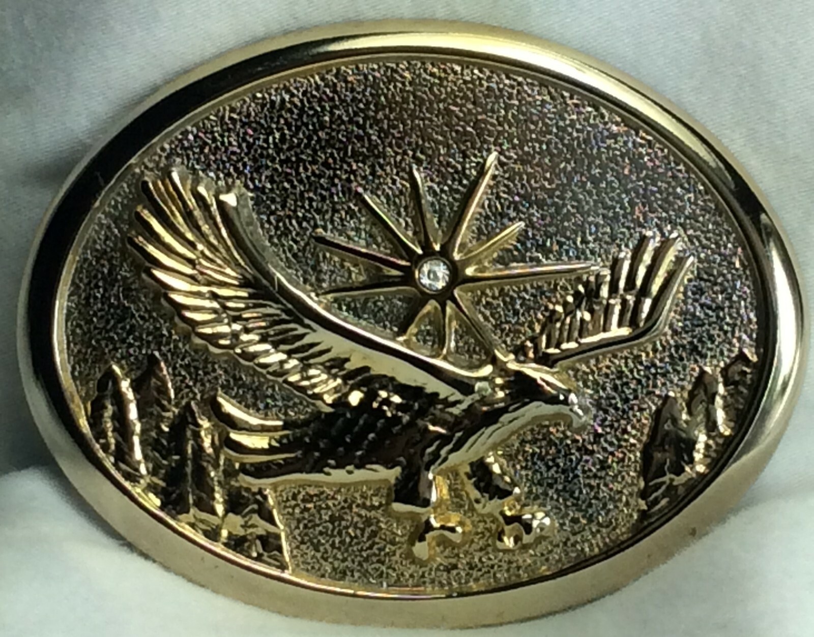 Two Belt Buckles Lrg Silvertone w/Jasper Cabochon – Goldtone Flying Eagle & Sun