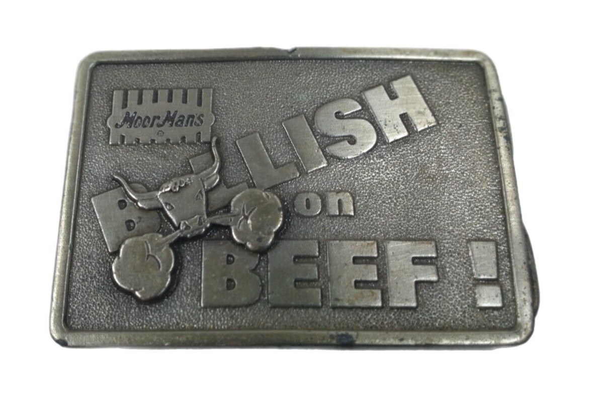 Vintage Moormans Bullish on Beef Belt Buckle 1983 Iowa Premium & Specialty Co.