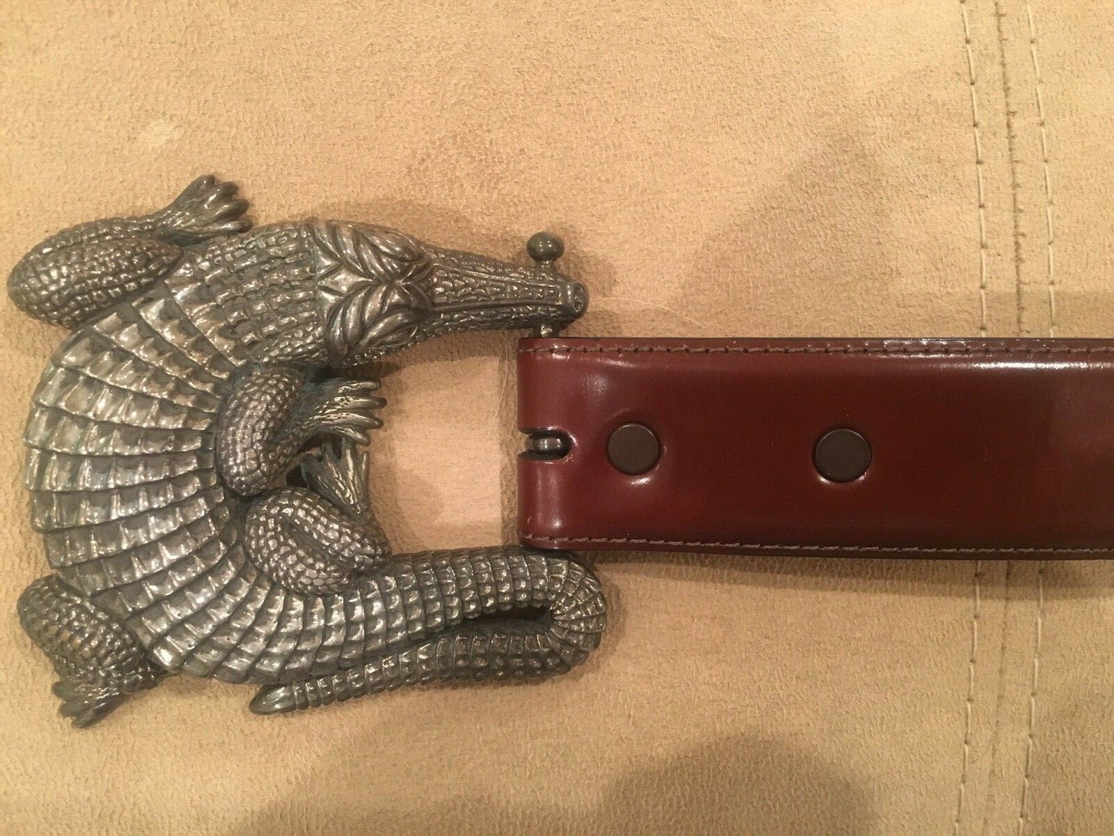 Huge Kieselstein-Cord Sterling Alligator Buckle With Brown Calfskin Belt Size 2
