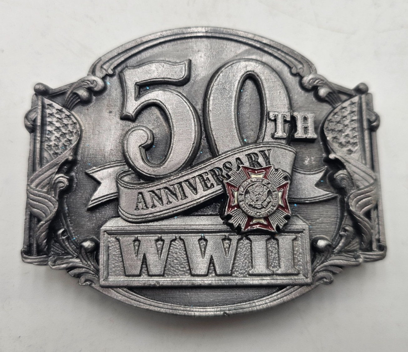 WWII 50th Anniversary Belt Buckle Siskiyou Enamel Pewter #910882 Military 1991
