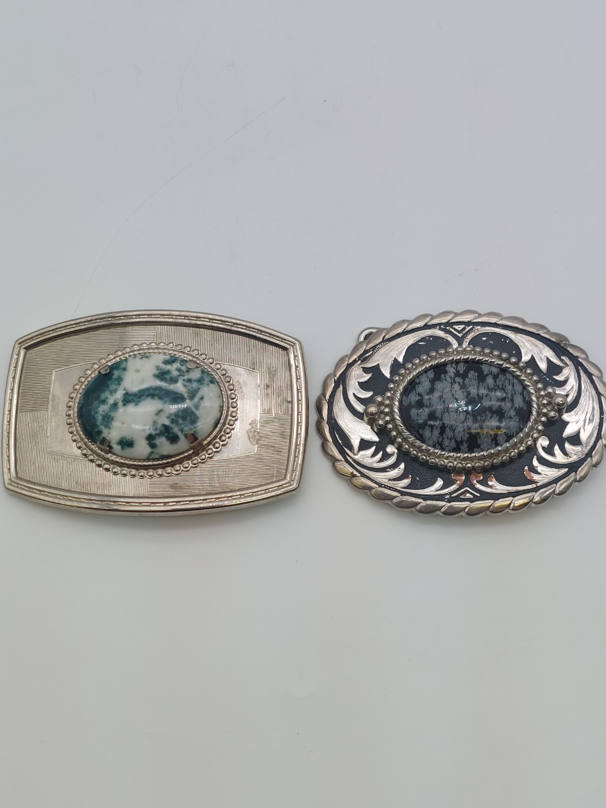 Lot of 2 VTG Belt Buckles Stone Inlay Oval Agate Gemstone Western Cowboy Incolay