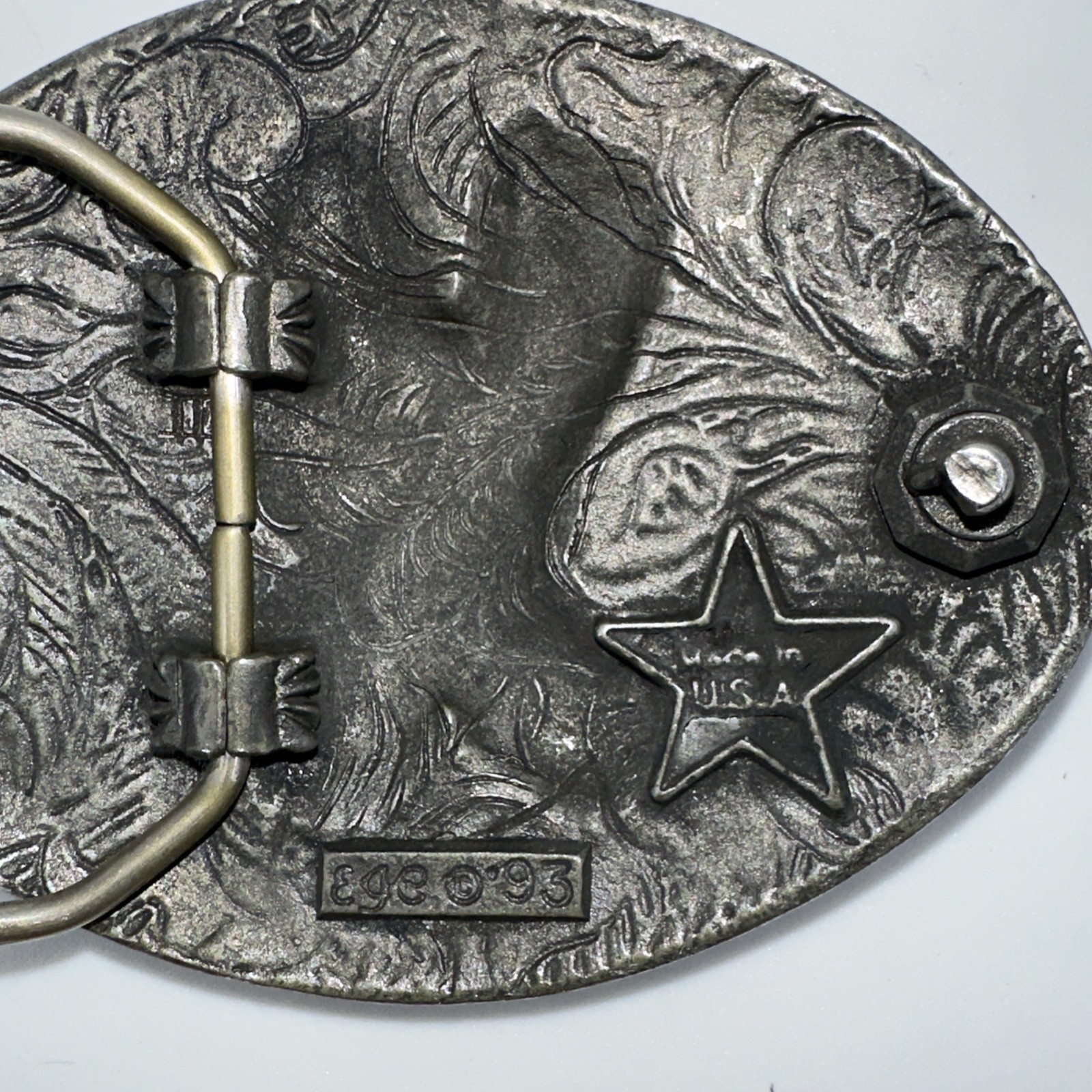 Vtg EGE Belt Buckle 3.5&Prime; Oval Flying Eagle Western USA Cutwork Metal Alloy