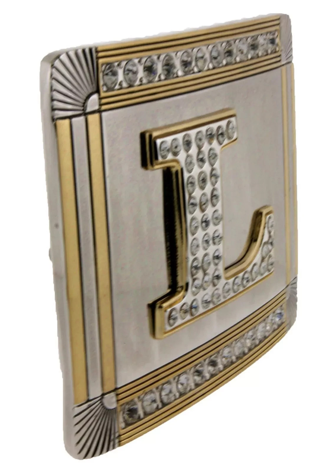 Initial L Letter Belt Buckle Bling Rhinestones Men Gold Metal Western Fashion