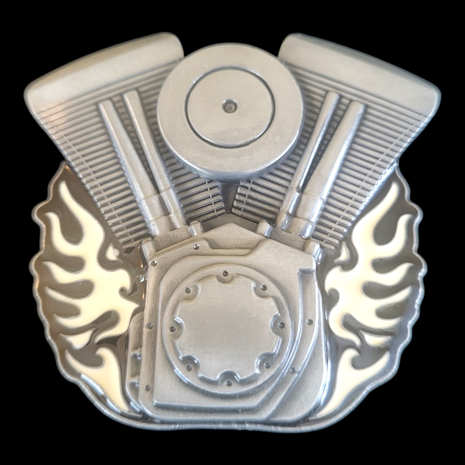 V-Twin Motorcycle Engine Biker Metal Belt Buckle With White Enamel Flames New