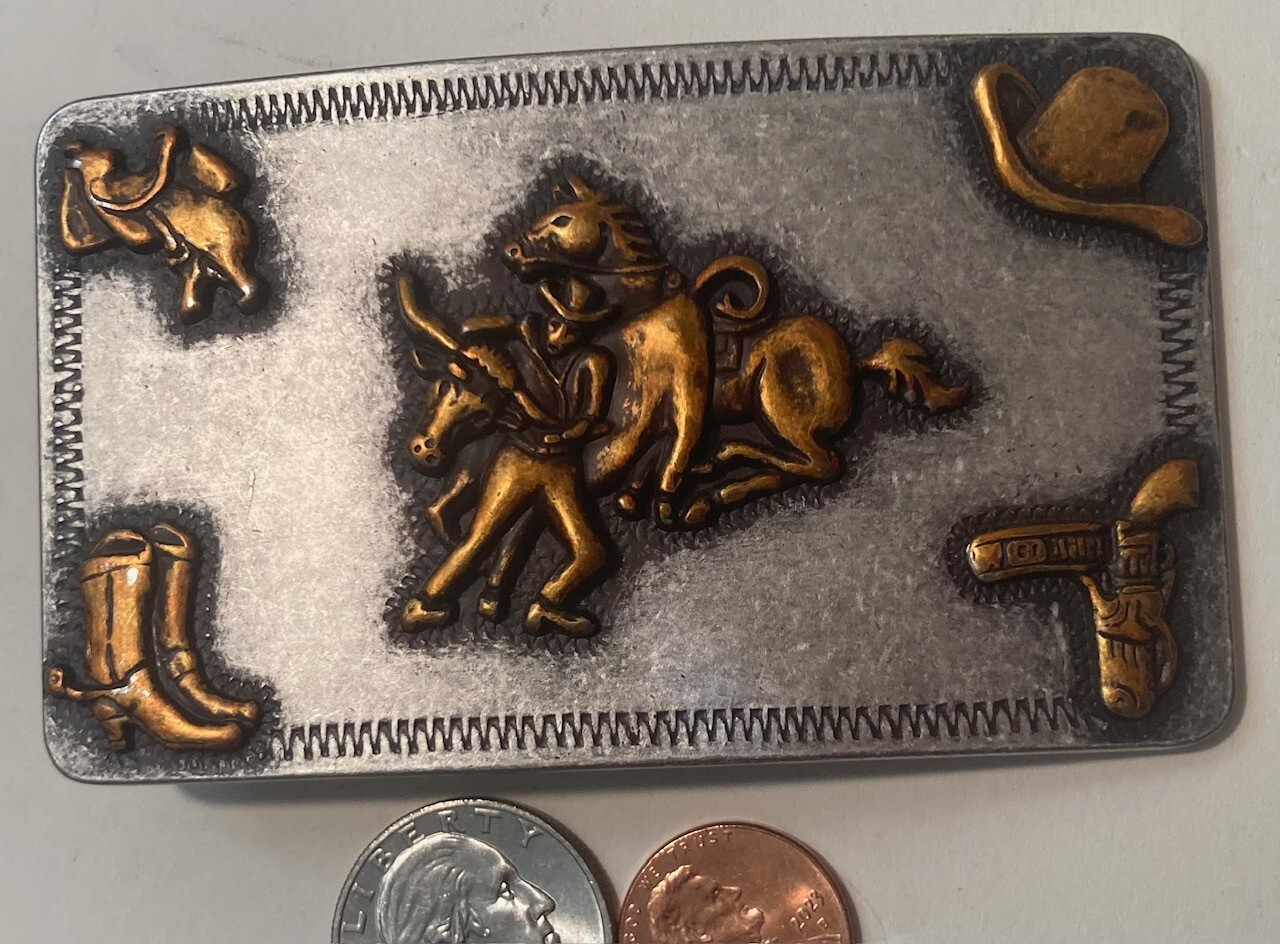 Vintage Metal Belt Buckle, Nocona, Cow Wrestling, Cowboy Boots, Holster, Cowboy