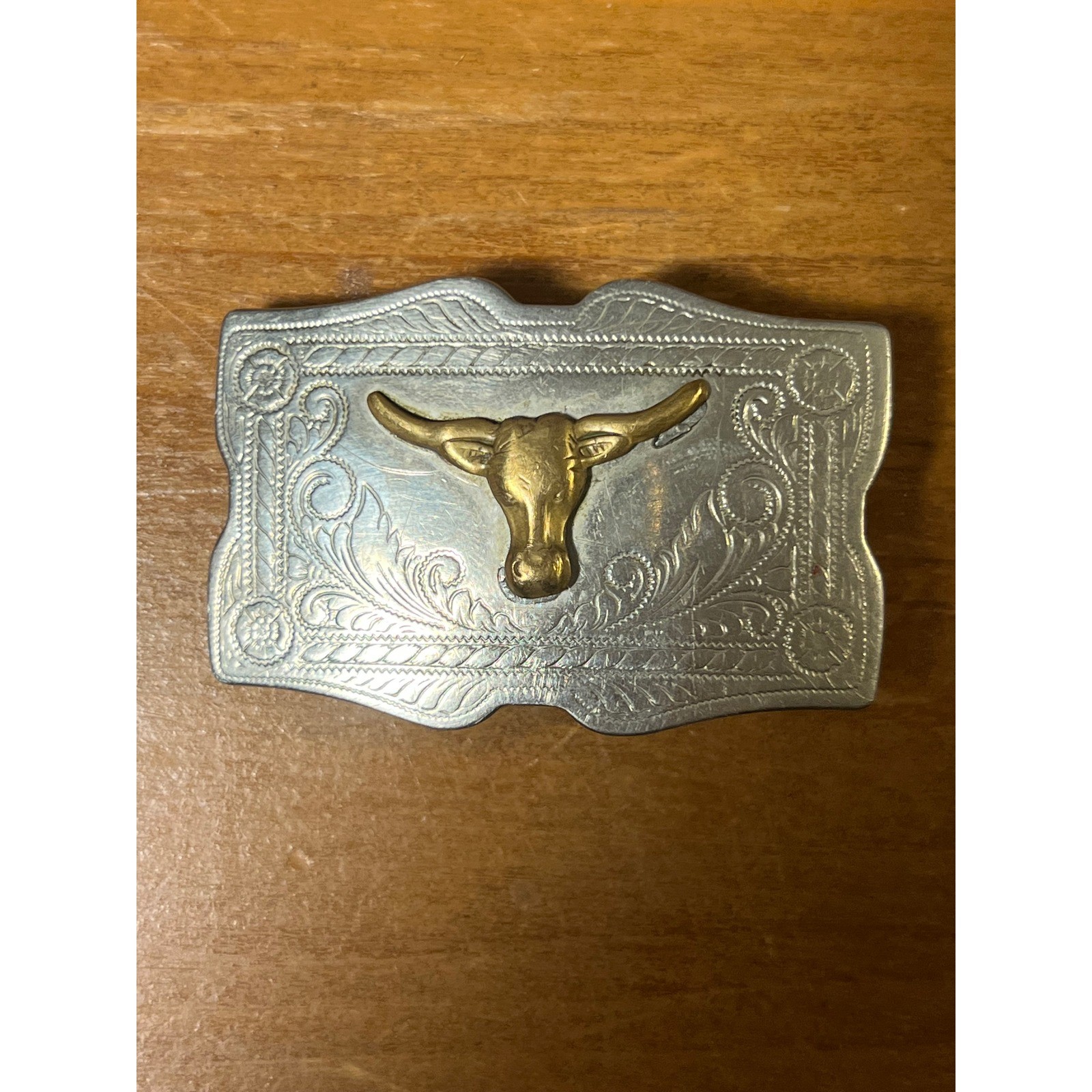 Vintage Nickel Silver Longhorn Bull Western Belt Buckle Engraved Floral Scroll